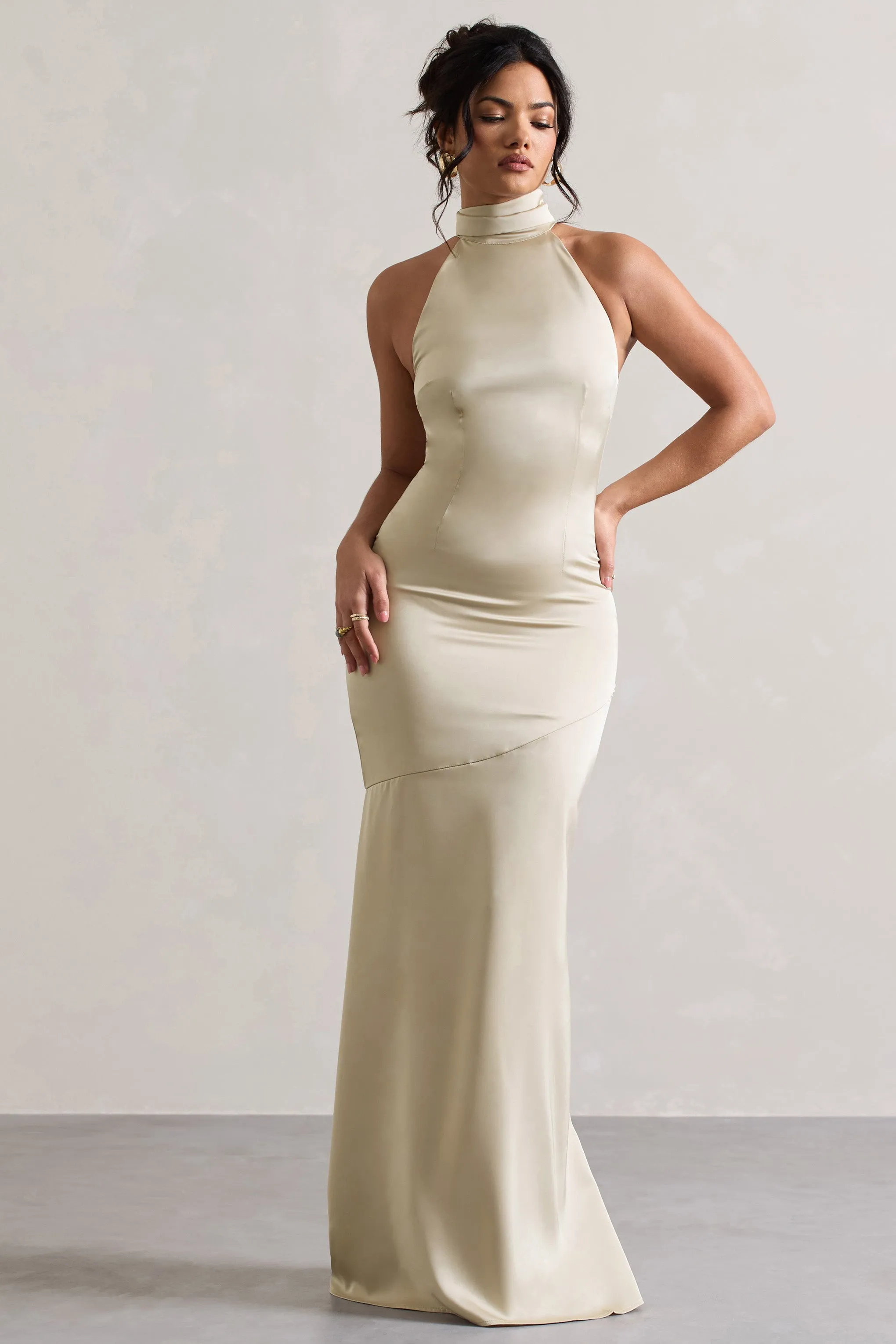 Adoria | Champagne Satin High-Neck Maxi Dress sold by Club L London product image thumbnail 4