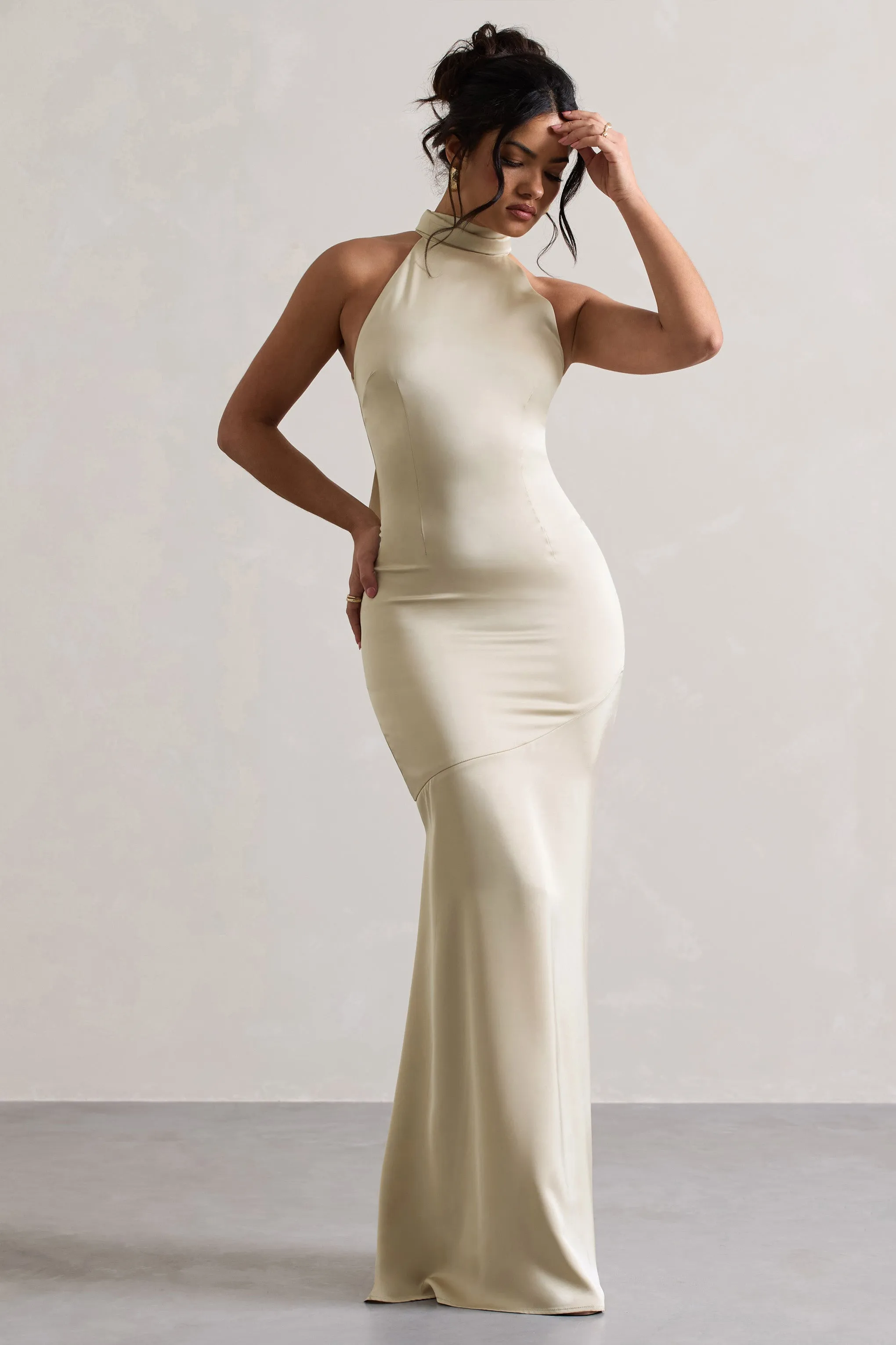 Adoria | Champagne Satin High-Neck Maxi Dress sold by Club L London product image thumbnail 5
