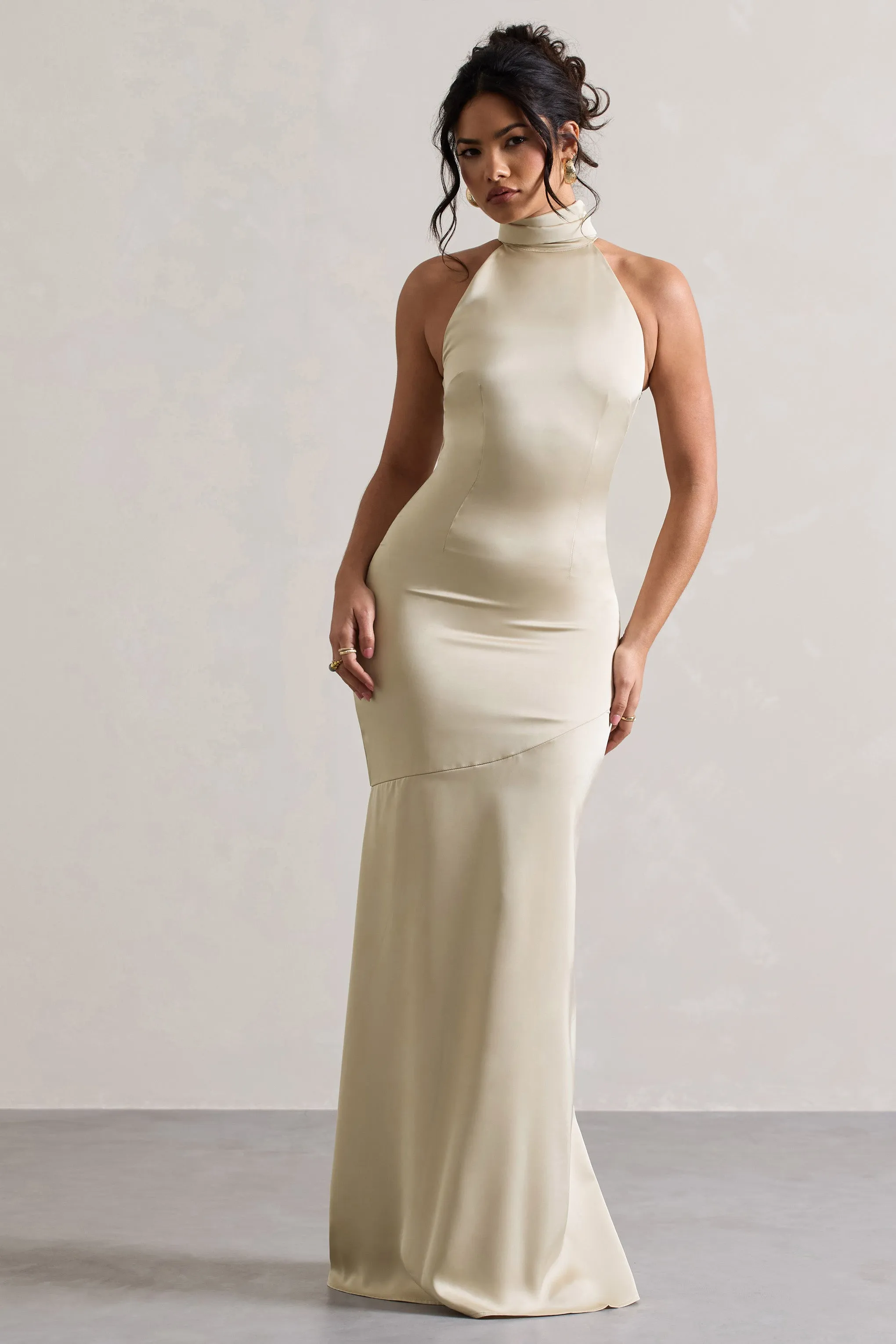 Adoria | Champagne Satin High-Neck Maxi Dress sold by Club L London