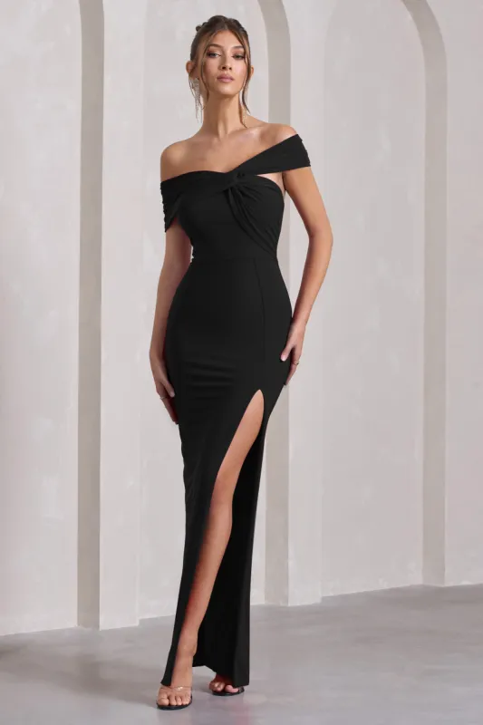 Kara | Black Asymmetric Twisted Bardot Split Maxi Dress sold by Club L London