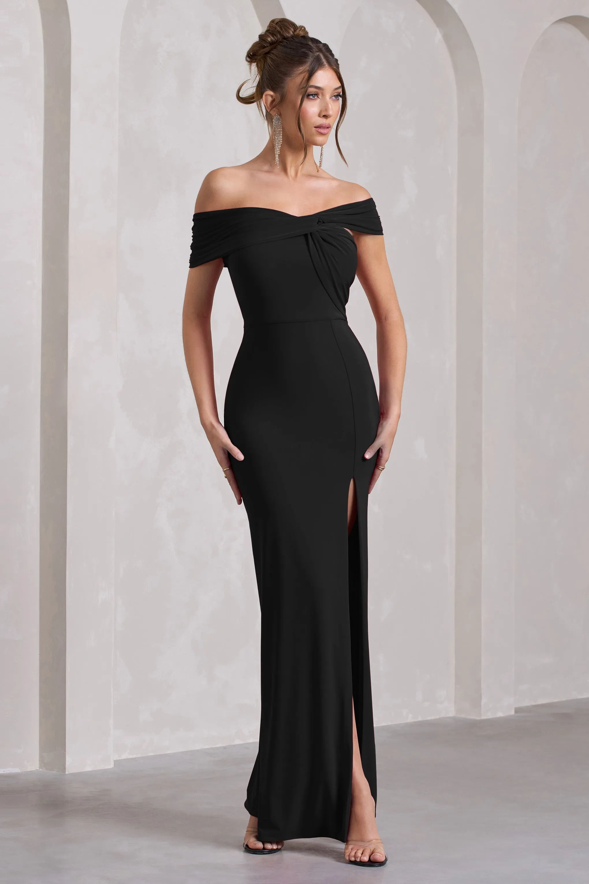 Kara | Black Asymmetric Twisted Bardot Split Maxi Dress sold by Club L London product image thumbnail 5