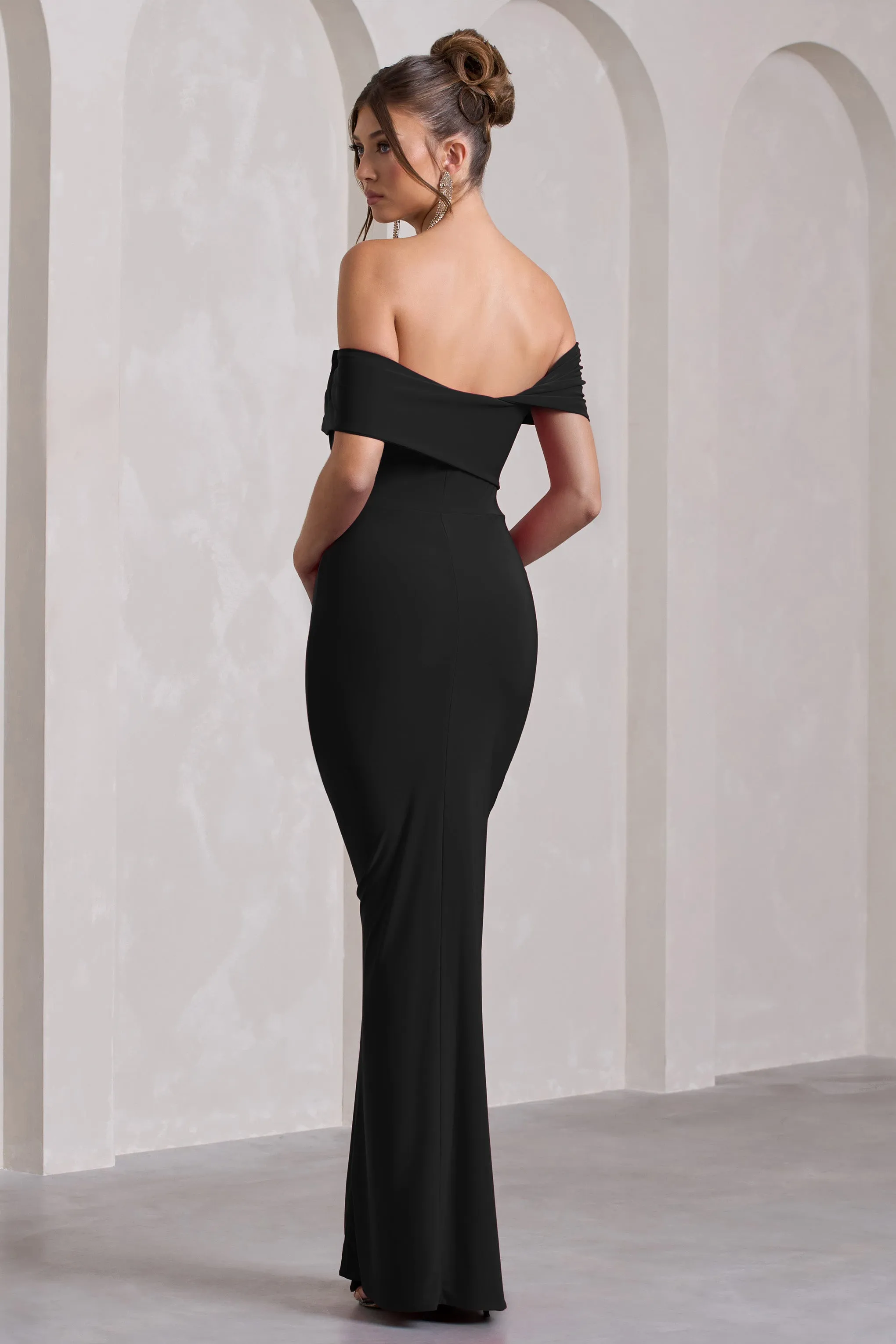 Kara | Black Asymmetric Twisted Bardot Split Maxi Dress sold by Club L London product image thumbnail 3