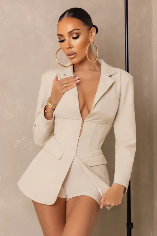 Unbeaten | Cream Plunge Corset Waist Blazer sold by Club L London