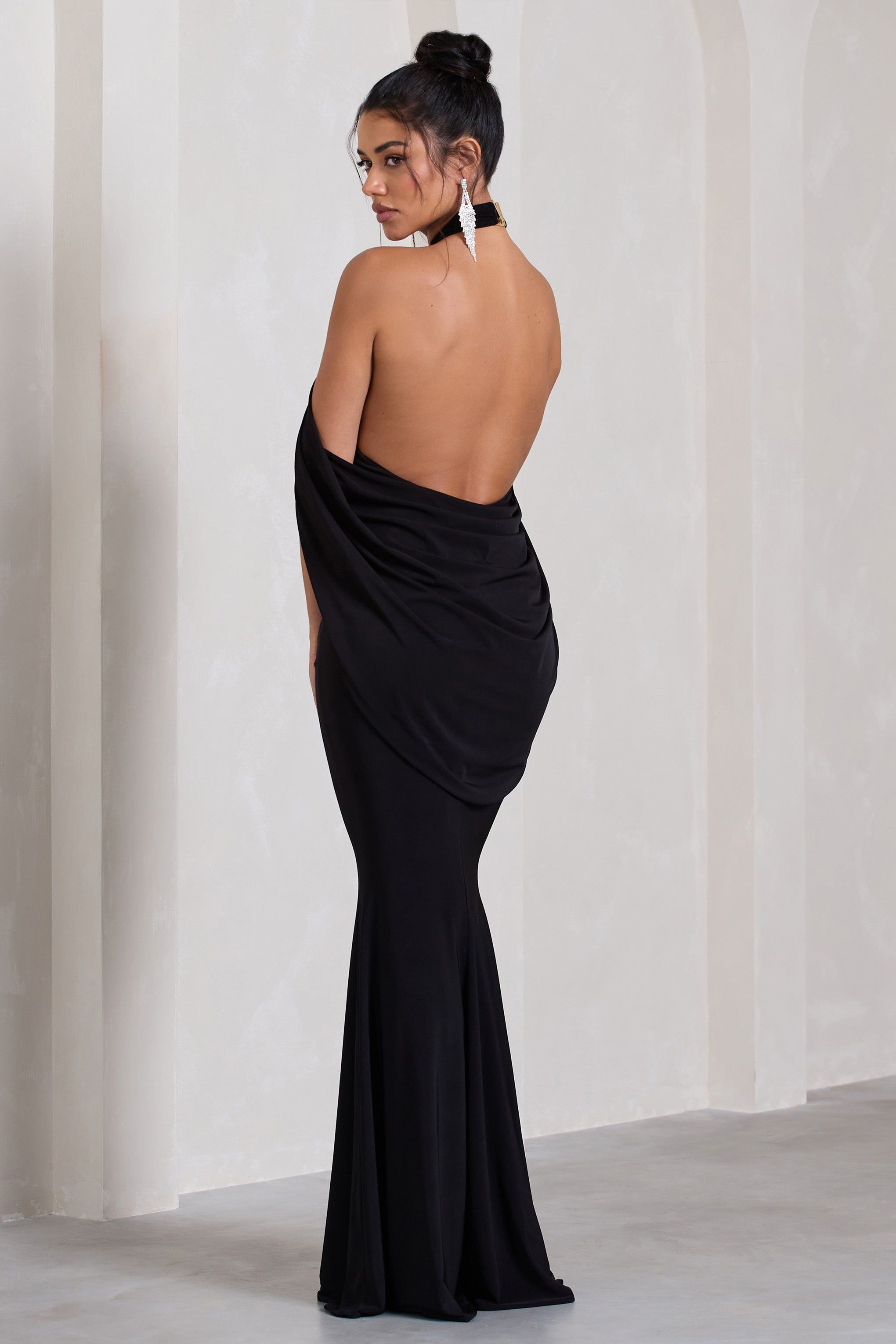 Revelation | Black Crossed Halter-Neck Fishtail Maxi Dress With Cape sold by Club L London product image thumbnail 3
