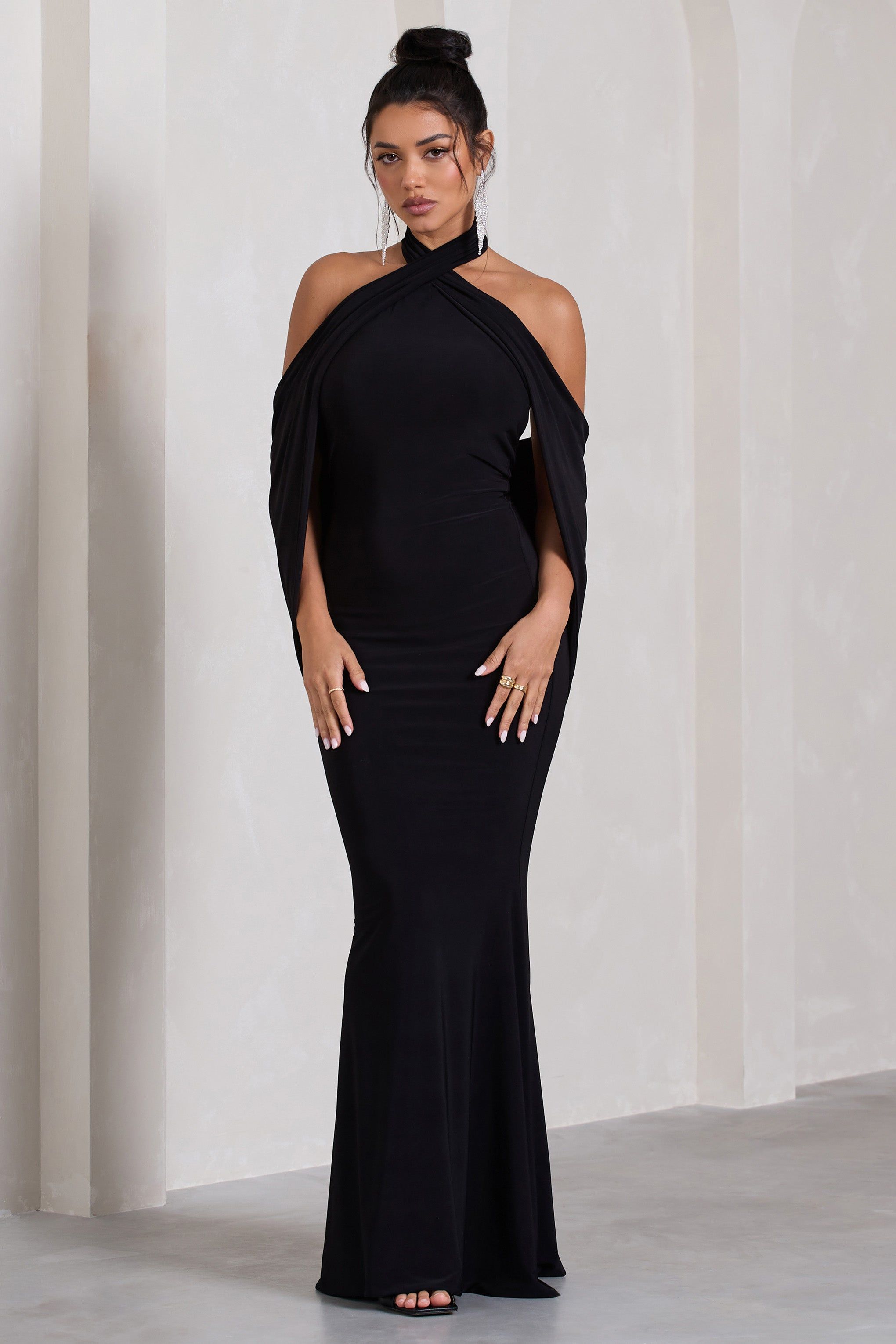 Revelation | Black Crossed Halter-Neck Fishtail Maxi Dress With Cape sold by Club L London product image thumbnail 2