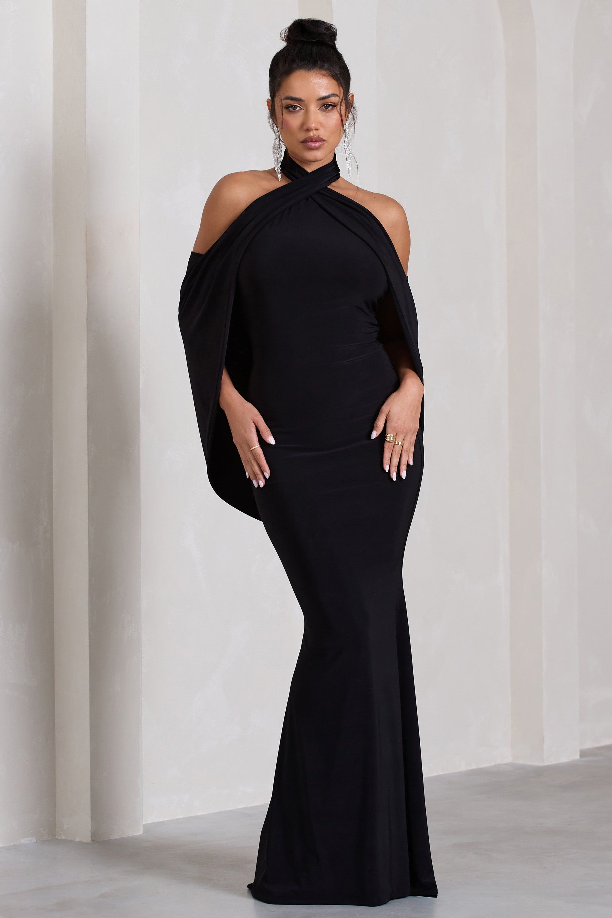 Revelation | Black Crossed Halter-Neck Fishtail Maxi Dress With Cape sold by Club L London product image thumbnail 5