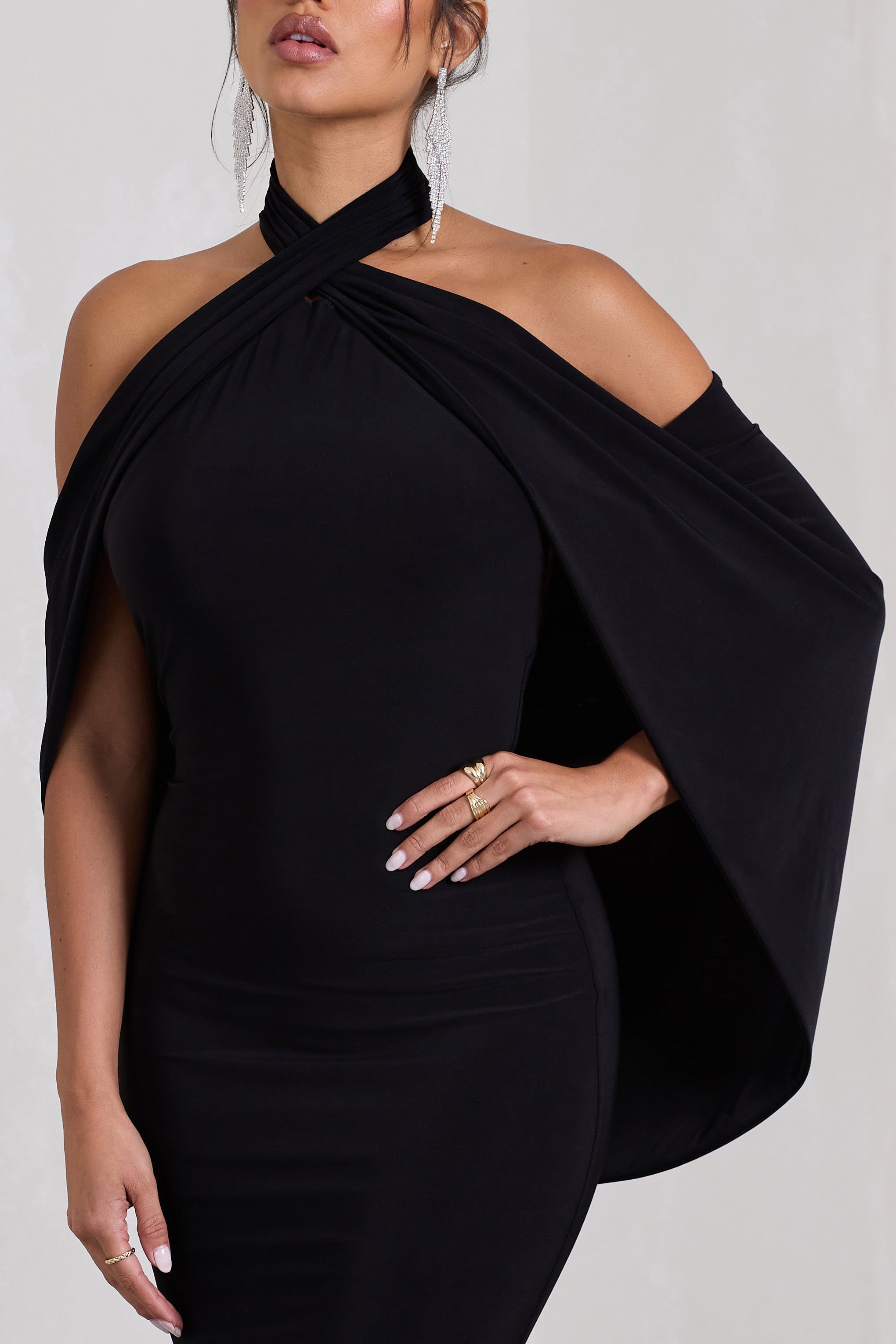 Revelation | Black Crossed Halter-Neck Fishtail Maxi Dress With Cape sold by Club L London product image thumbnail 4