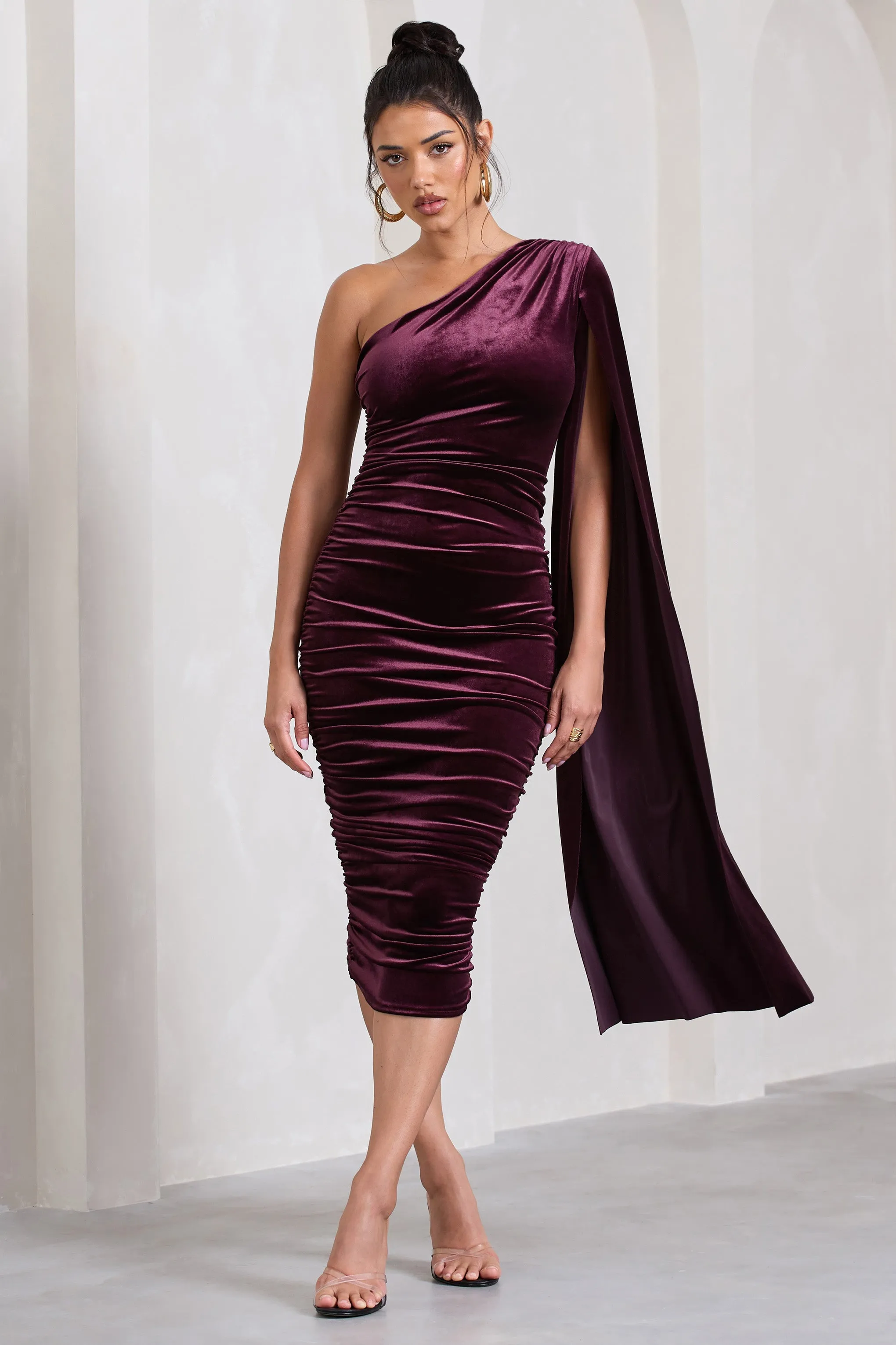 Gianna | Port Velvet One Shoulder Cape Bodycon Midi Dress sold by Club L London