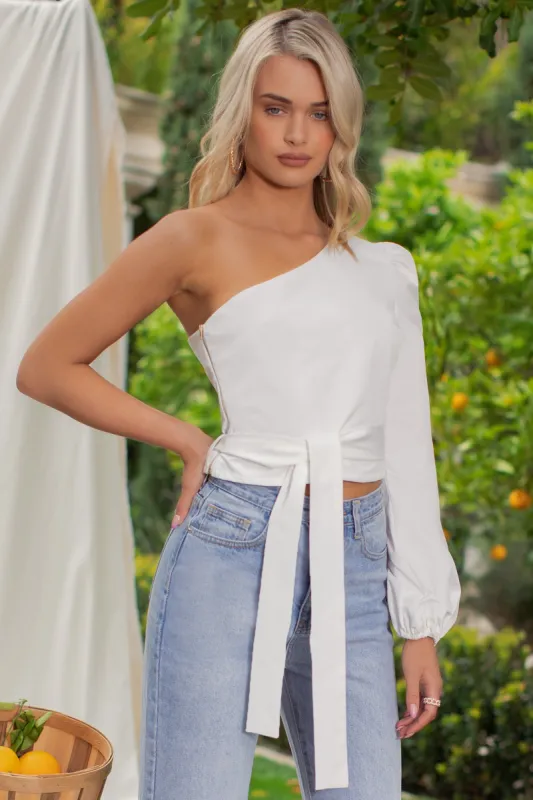 Time Ticking | Off White One Shoulder Puff Sleeve Crop Top With Tie Waist sold by Club L London