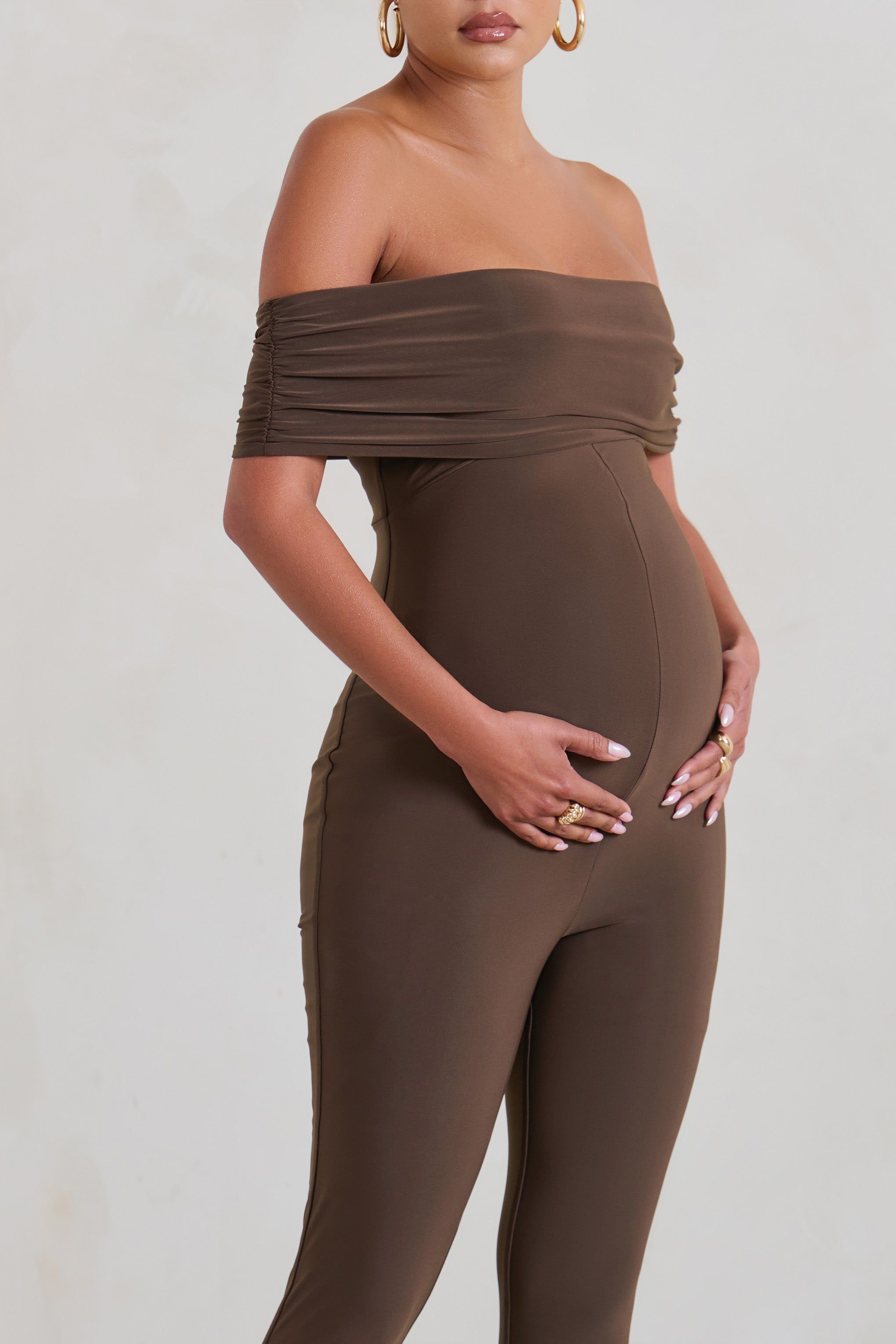 Carefully Crafted | Chocolate Maternity Bardot Fitted Jumpsuit sold by Club L London product image thumbnail 3