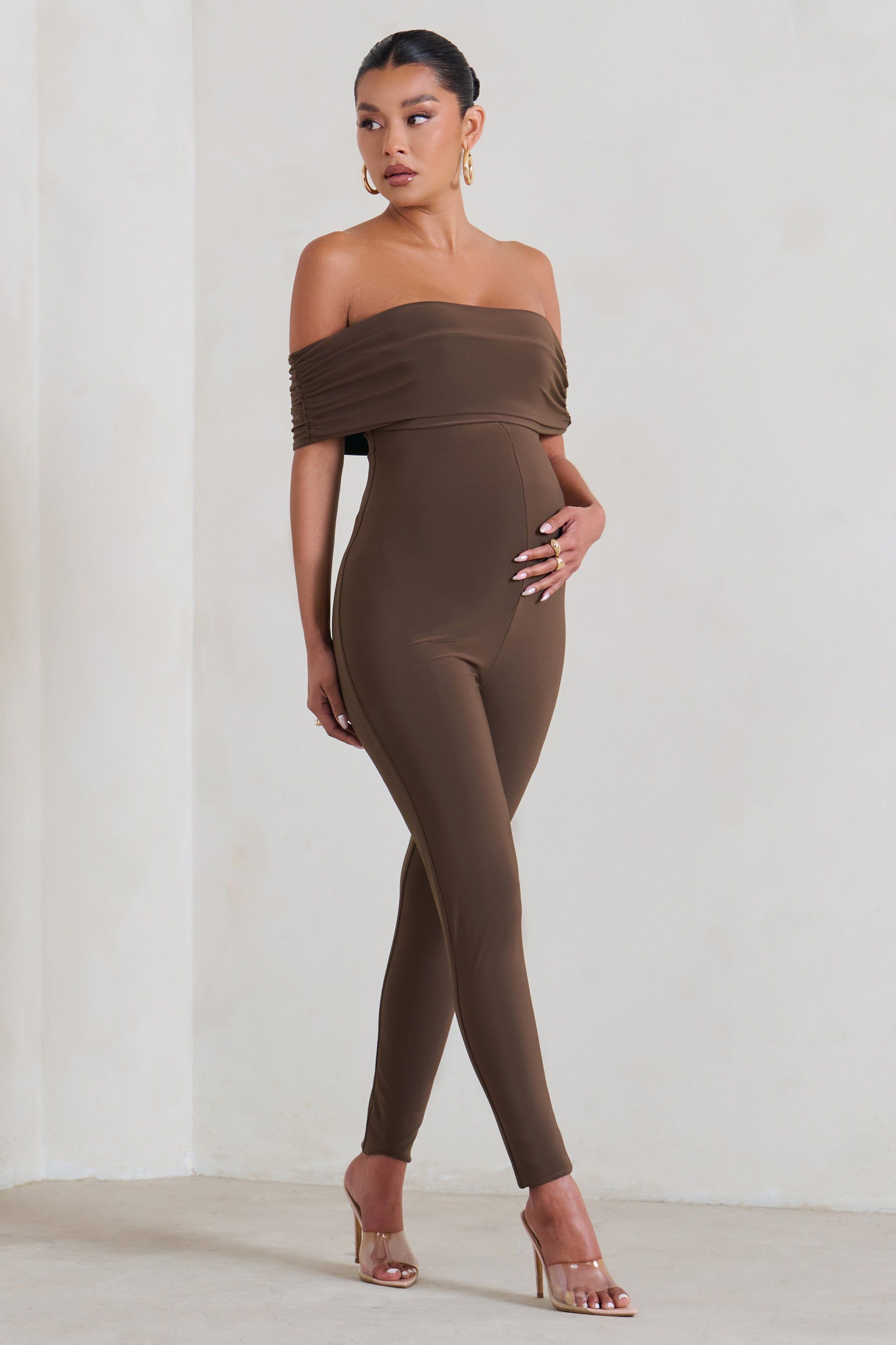 Carefully Crafted | Chocolate Maternity Bardot Fitted Jumpsuit sold by Club L London product image thumbnail 4