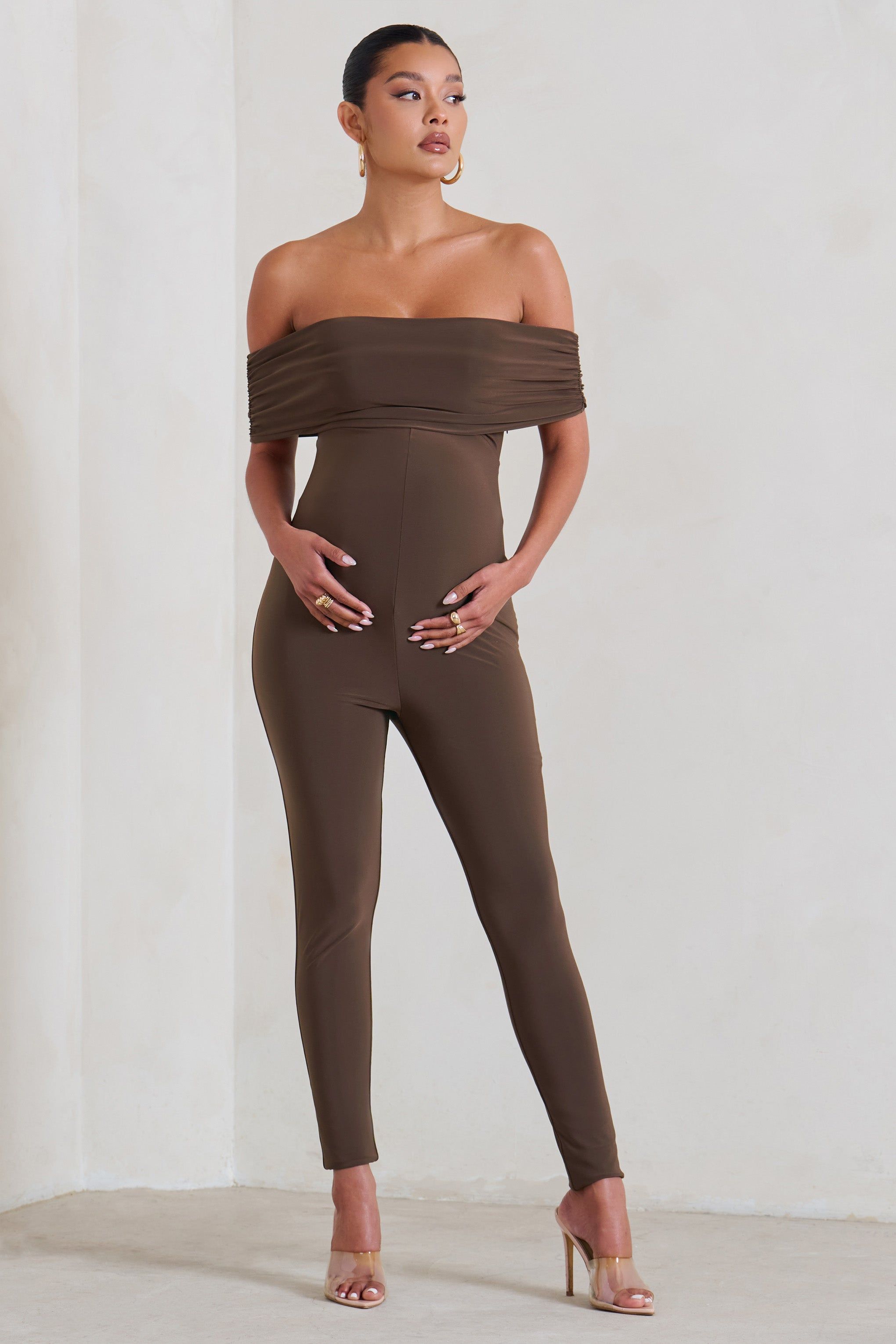 Carefully Crafted | Chocolate Maternity Bardot Fitted Jumpsuit sold by Club L London