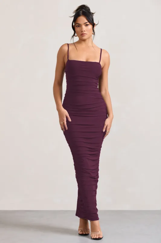 Ellis | Plum Ruched Mesh Strappy Bodycon Maxi Dress sold by Club L London