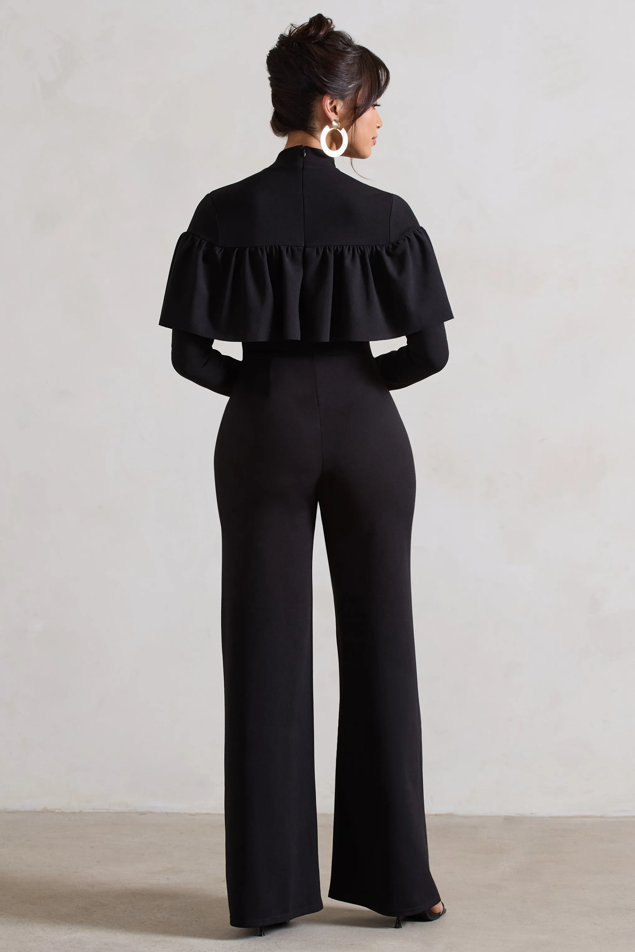 For The Frill | Black High-Neck Straight-Leg Jumpsuit With Frills sold by Club L London product image thumbnail 2