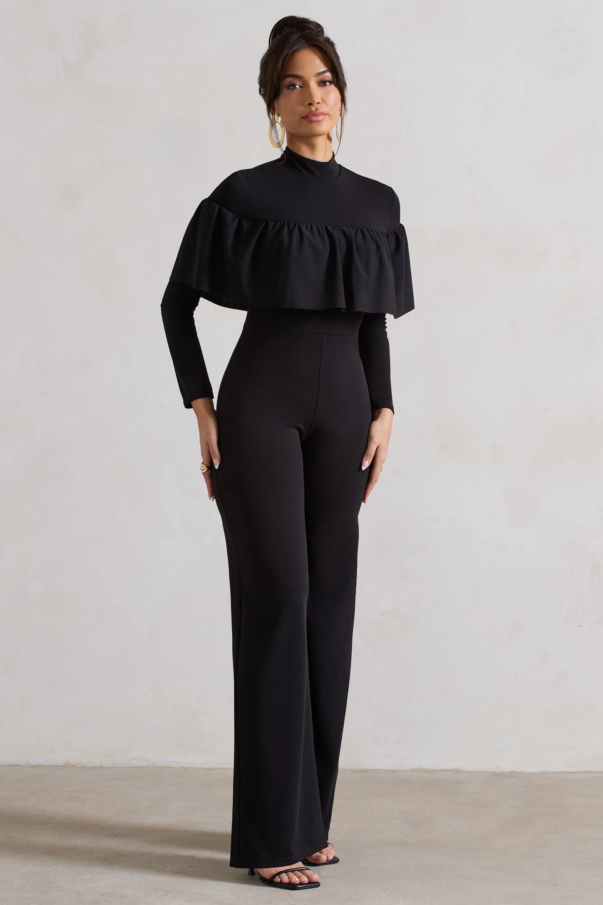 For The Frill | Black High-Neck Straight-Leg Jumpsuit With Frills sold by Club L London product image thumbnail 4