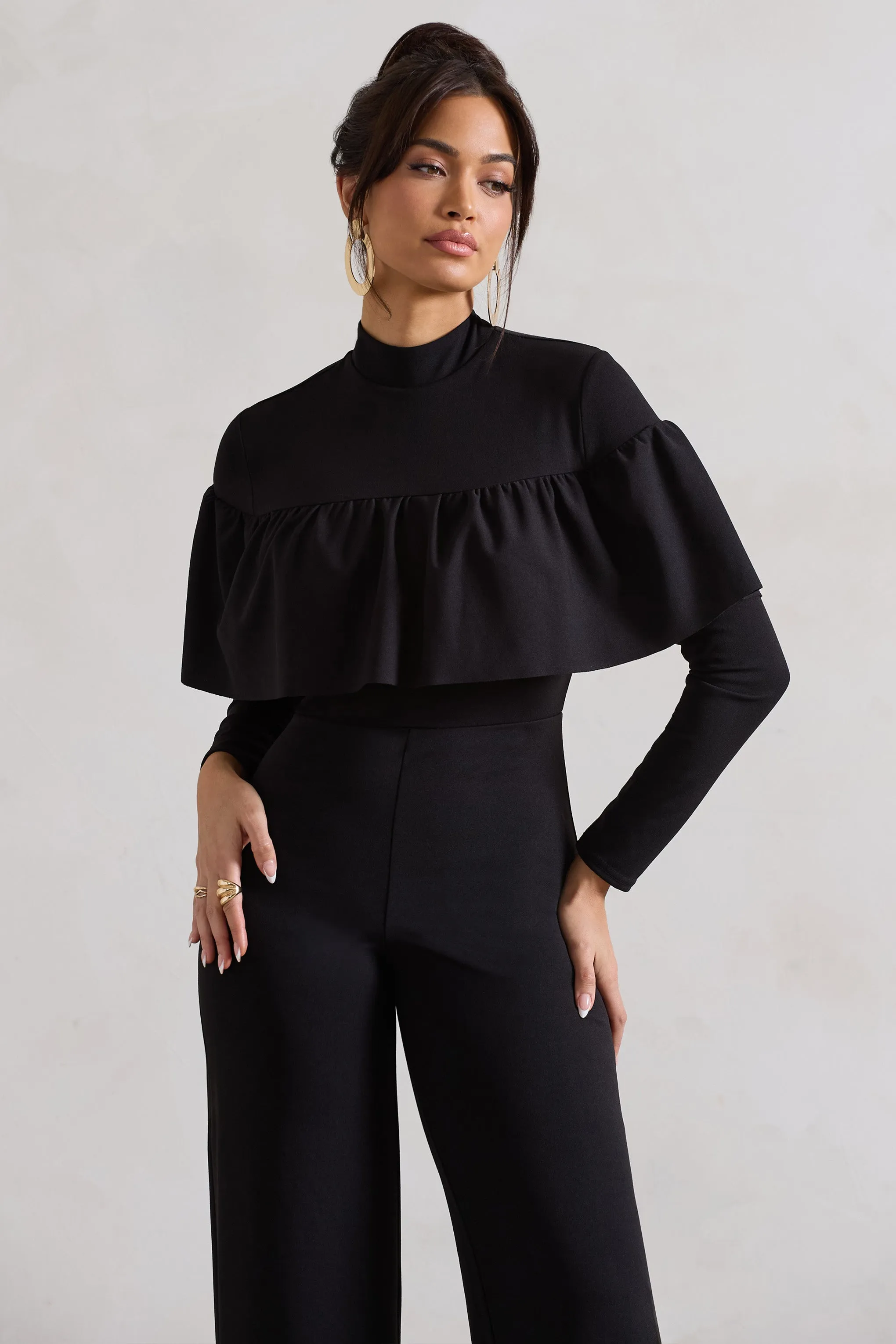 For The Frill | Black High-Neck Straight-Leg Jumpsuit With Frills sold by Club L London product image thumbnail 3