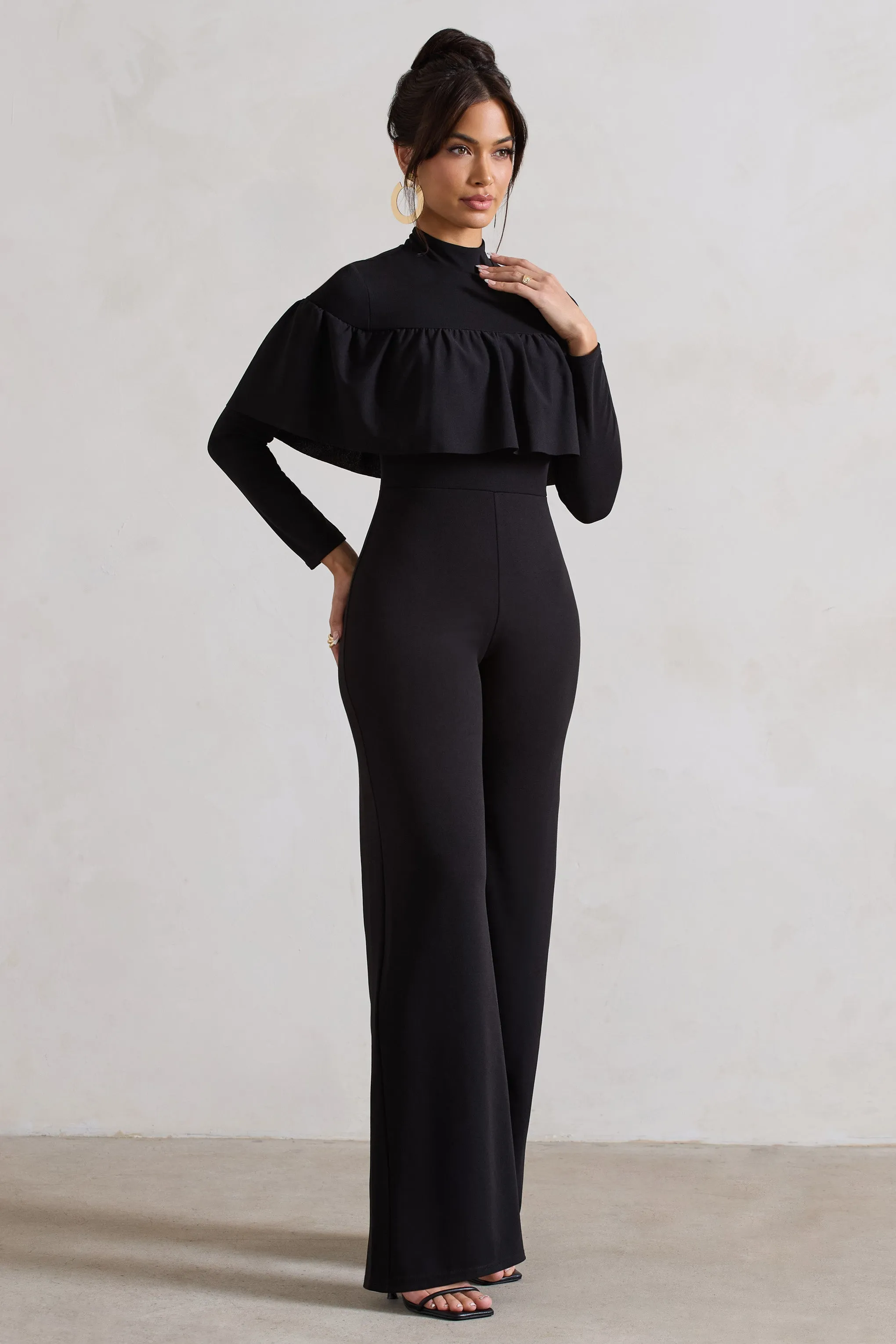 For The Frill | Black High-Neck Straight-Leg Jumpsuit With Frills sold by Club L London product image thumbnail 5