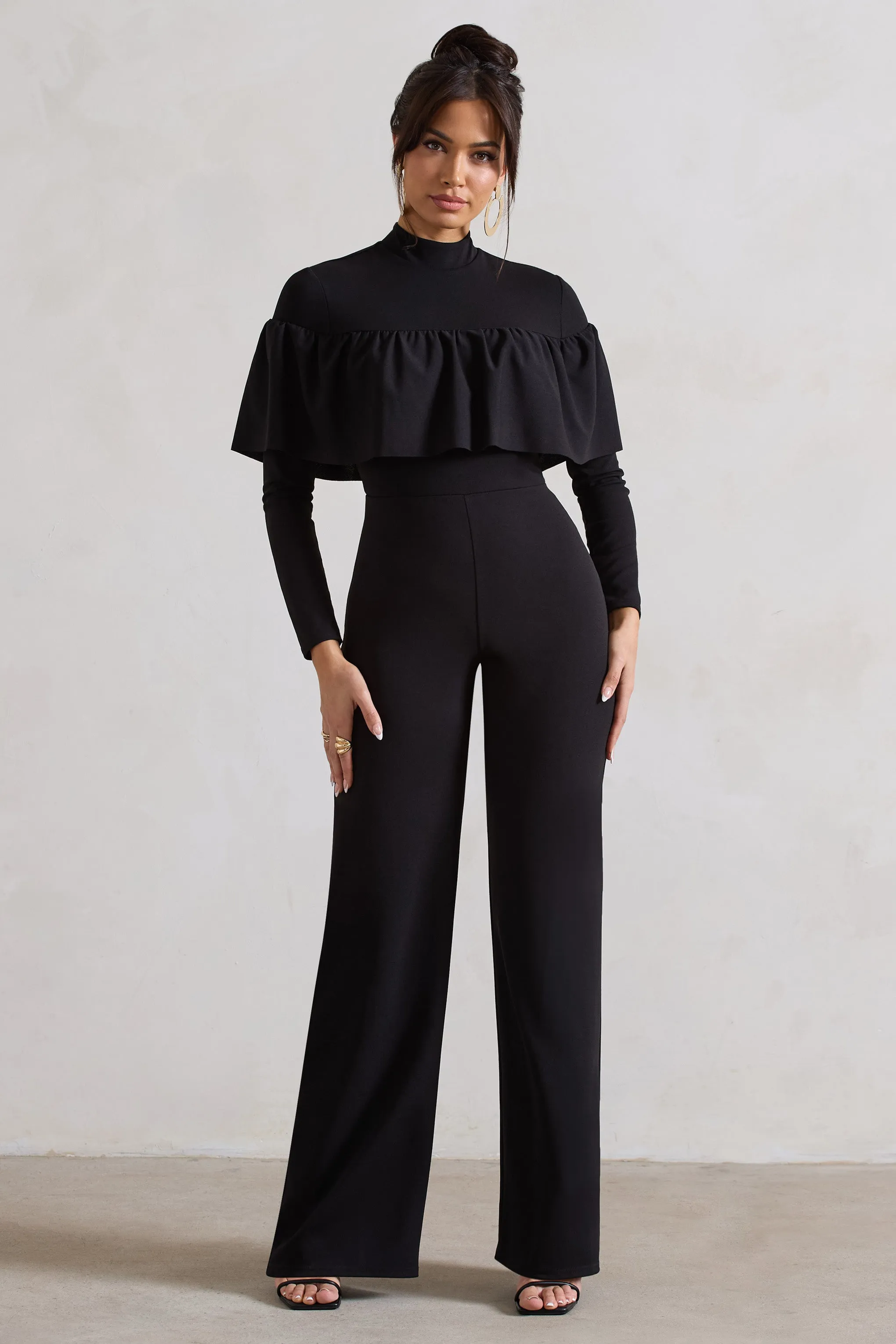 For The Frill | Black High-Neck Straight-Leg Jumpsuit With Frills sold by Club L London