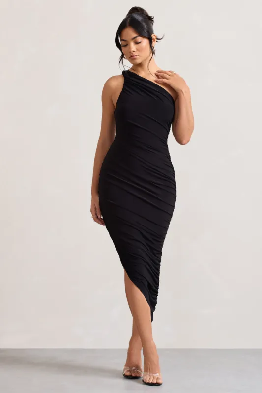 Dorit | Black One Shoulder Asymmetric Ruched Midi Dress sold by Club L London