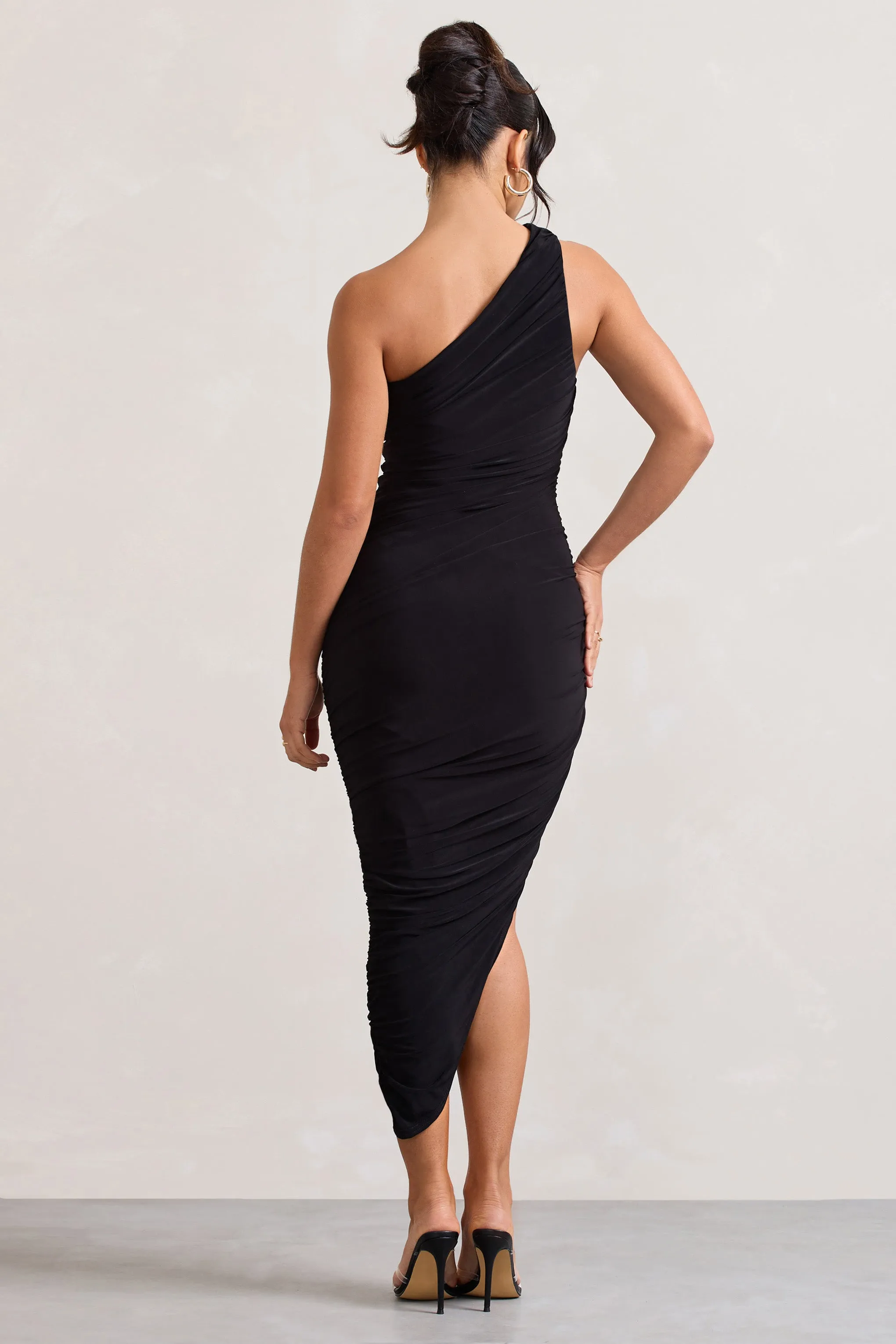 Dorit | Black One Shoulder Asymmetric Ruched Midi Dress sold by Club L London product image thumbnail 2