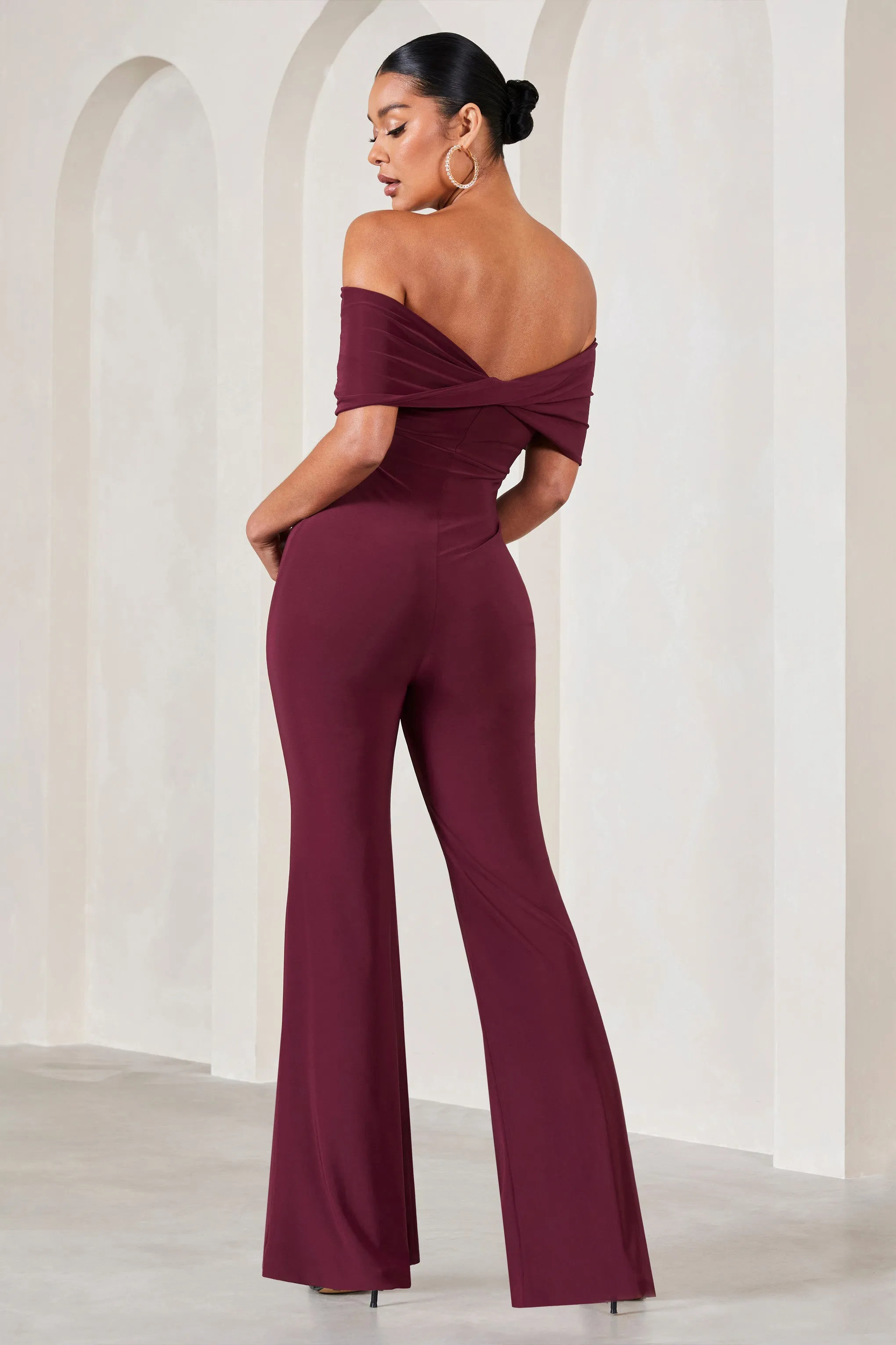 Elisa | Burgundy Bardot Flared-Leg Maternity Jumpsuit sold by Club L London product image thumbnail 2