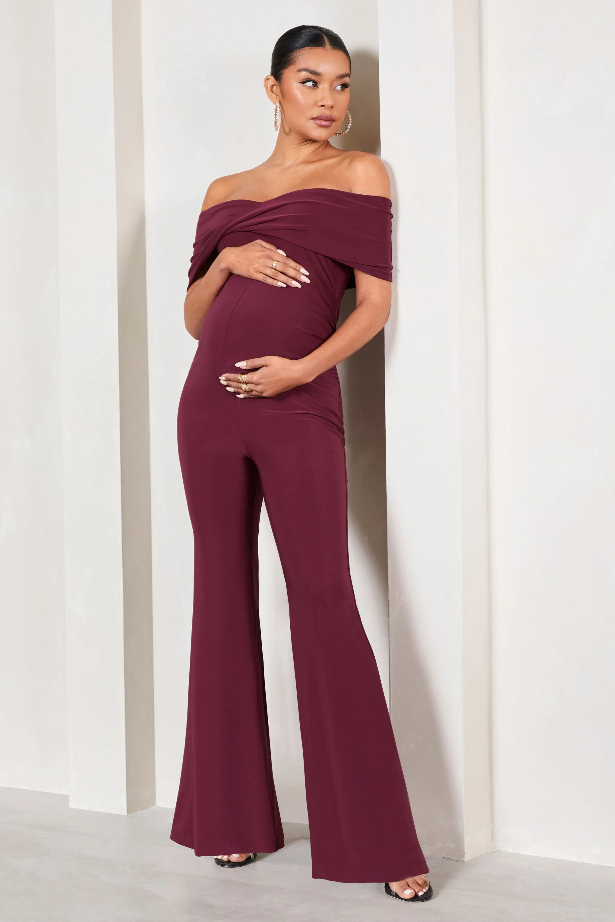 Elisa | Burgundy Bardot Flared-Leg Maternity Jumpsuit sold by Club L London product image thumbnail 4