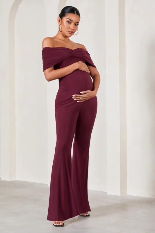 Elisa | Burgundy Bardot Flared-Leg Maternity Jumpsuit sold by Club L London