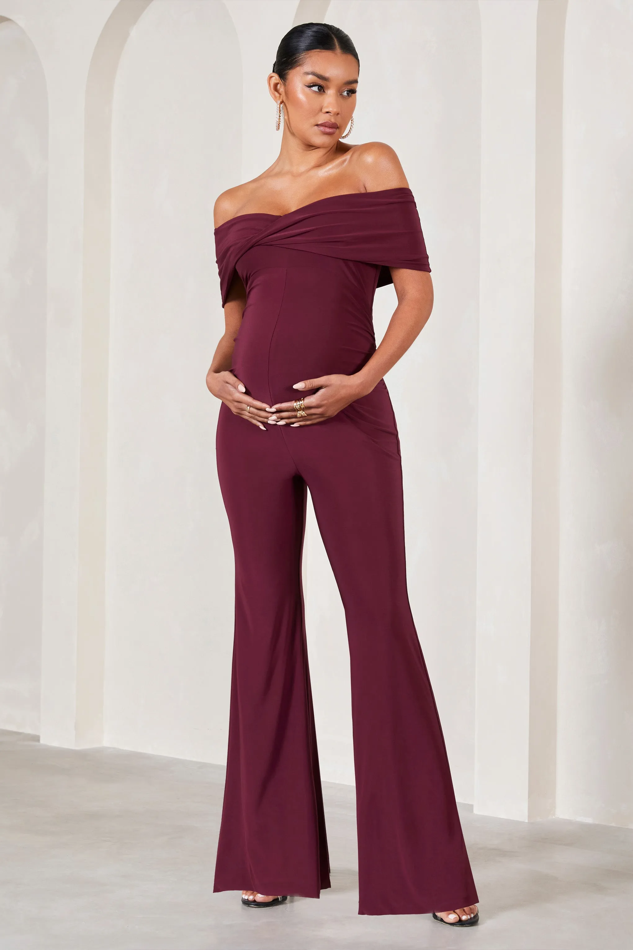 Elisa | Burgundy Bardot Flared-Leg Maternity Jumpsuit sold by Club L London product image thumbnail 3