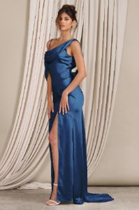 Jayne | Navy Satin Asymmetric Draped Split Maxi Dress sold by Club L London