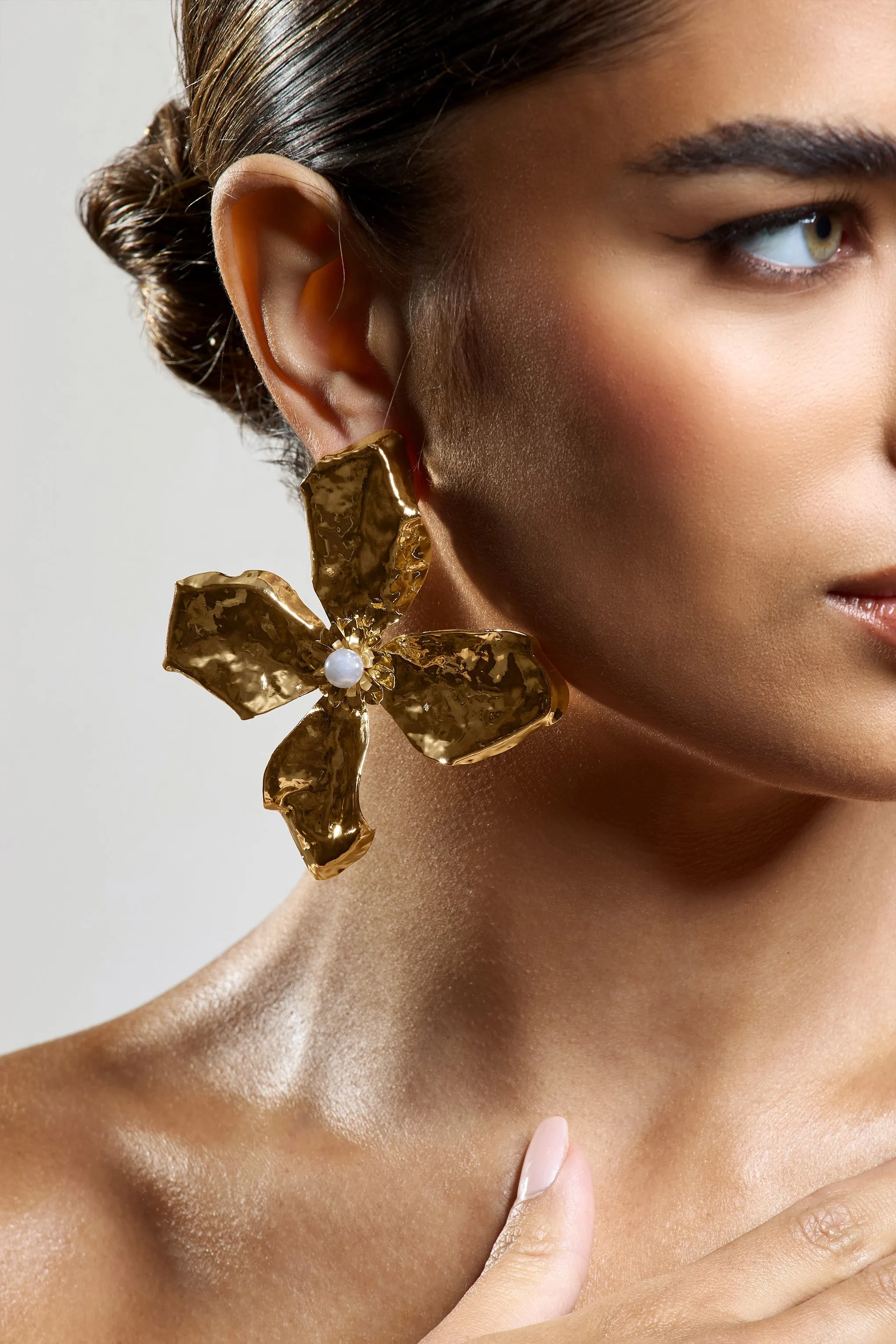 Emry | Gold Pearl Statement Flower Earrings sold by Club L London product image thumbnail 4
