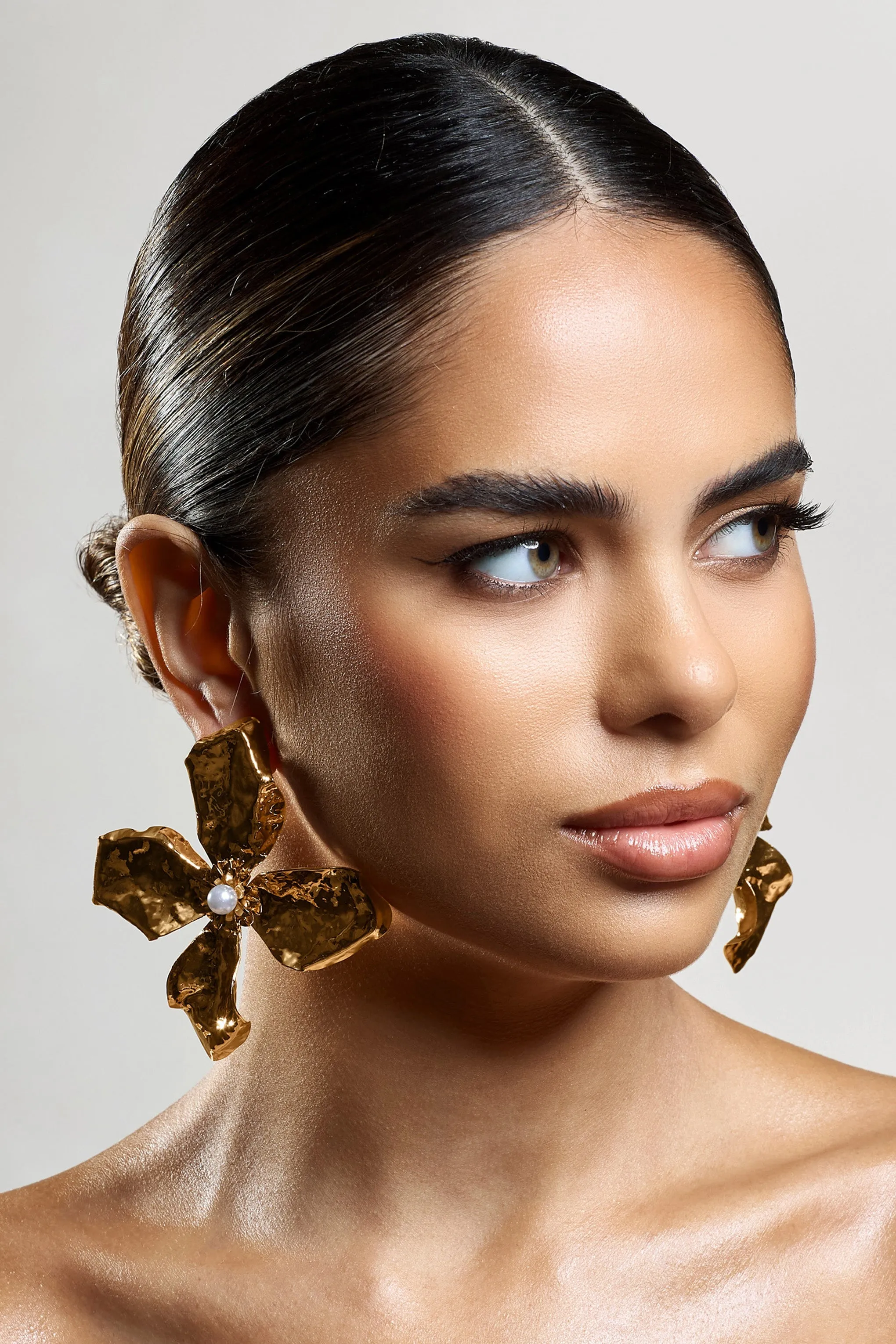 Emry | Gold Pearl Statement Flower Earrings sold by Club L London product image thumbnail 2