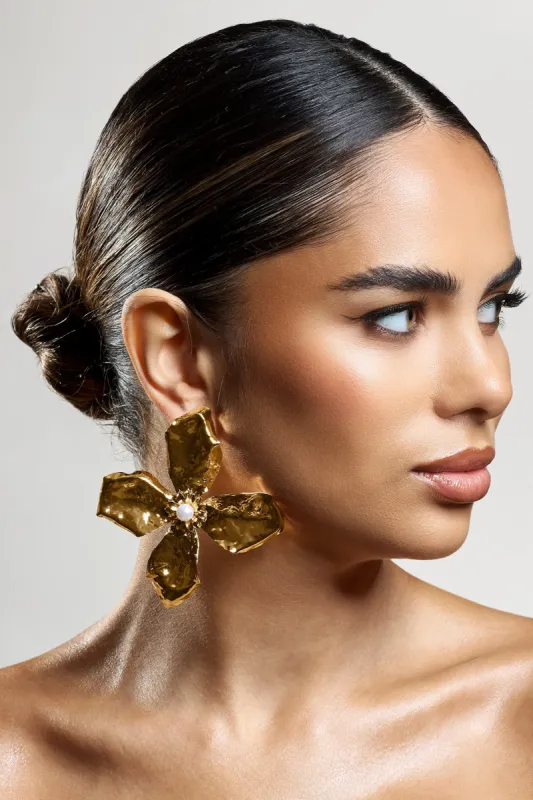 Emry | Gold Pearl Statement Flower Earrings sold by Club L London