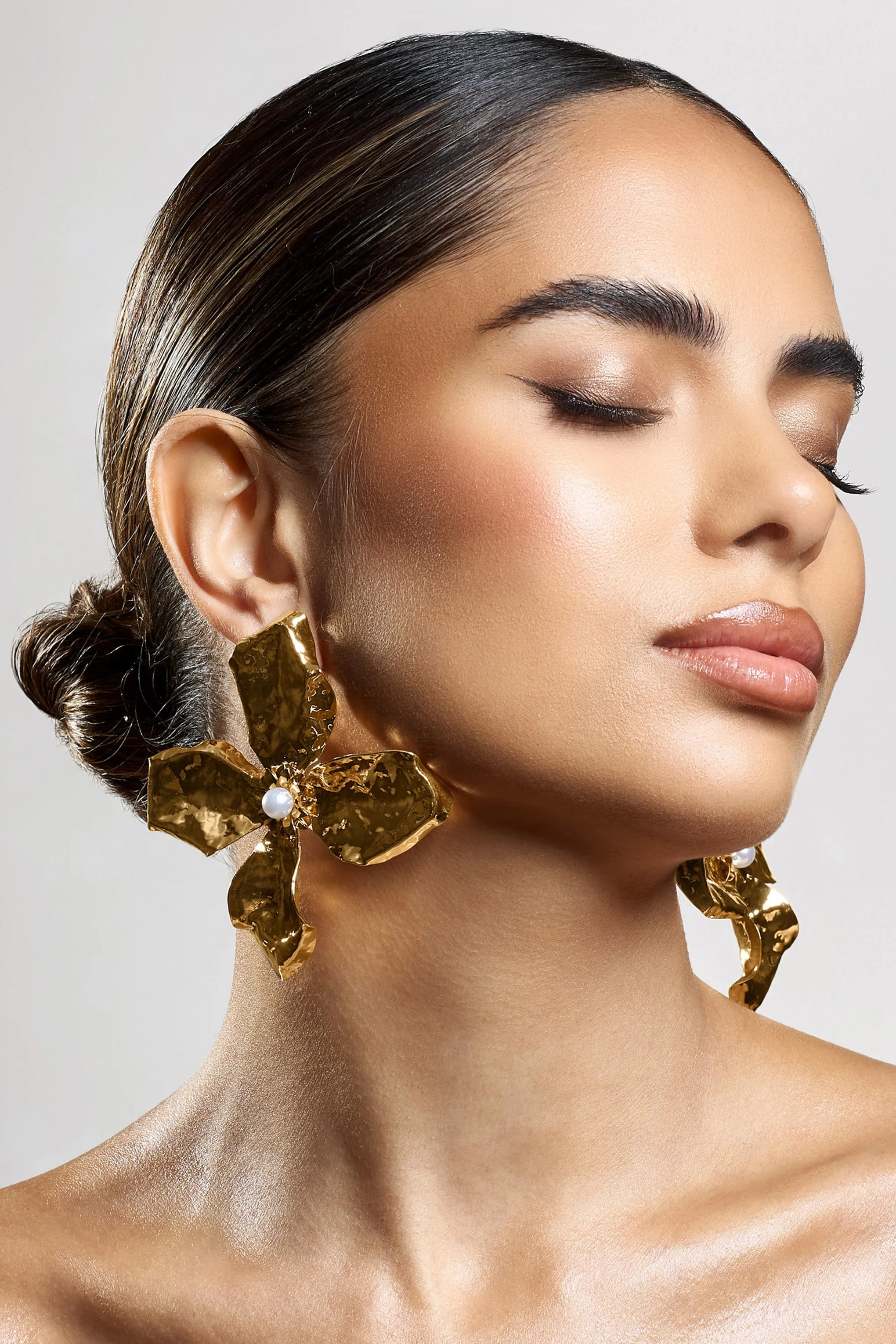 Emry | Gold Pearl Statement Flower Earrings sold by Club L London product image thumbnail 3