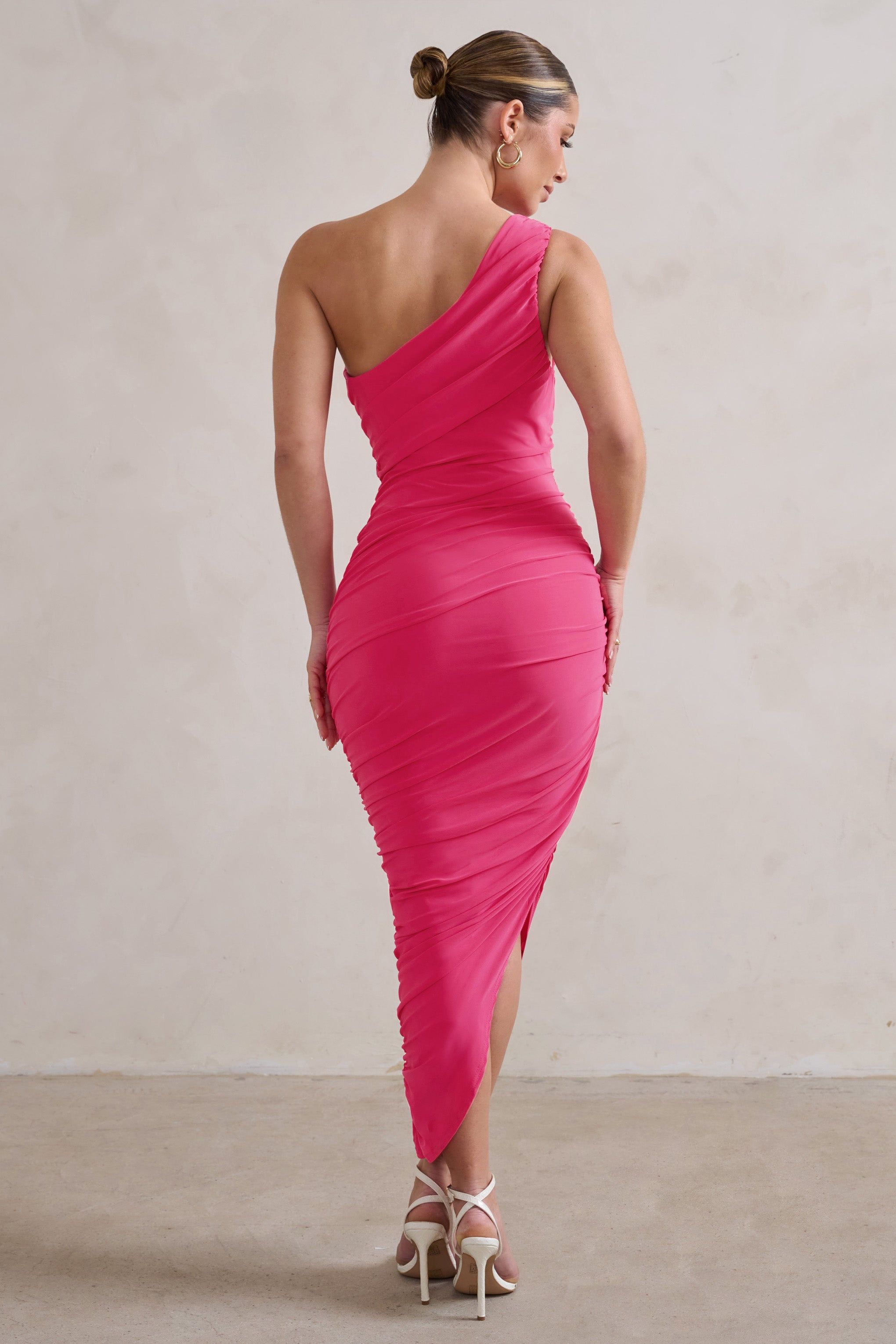 Dorit | Hot Pink One Shoulder Asymmetric Ruched Midi Dress sold by Club L London product image thumbnail 2