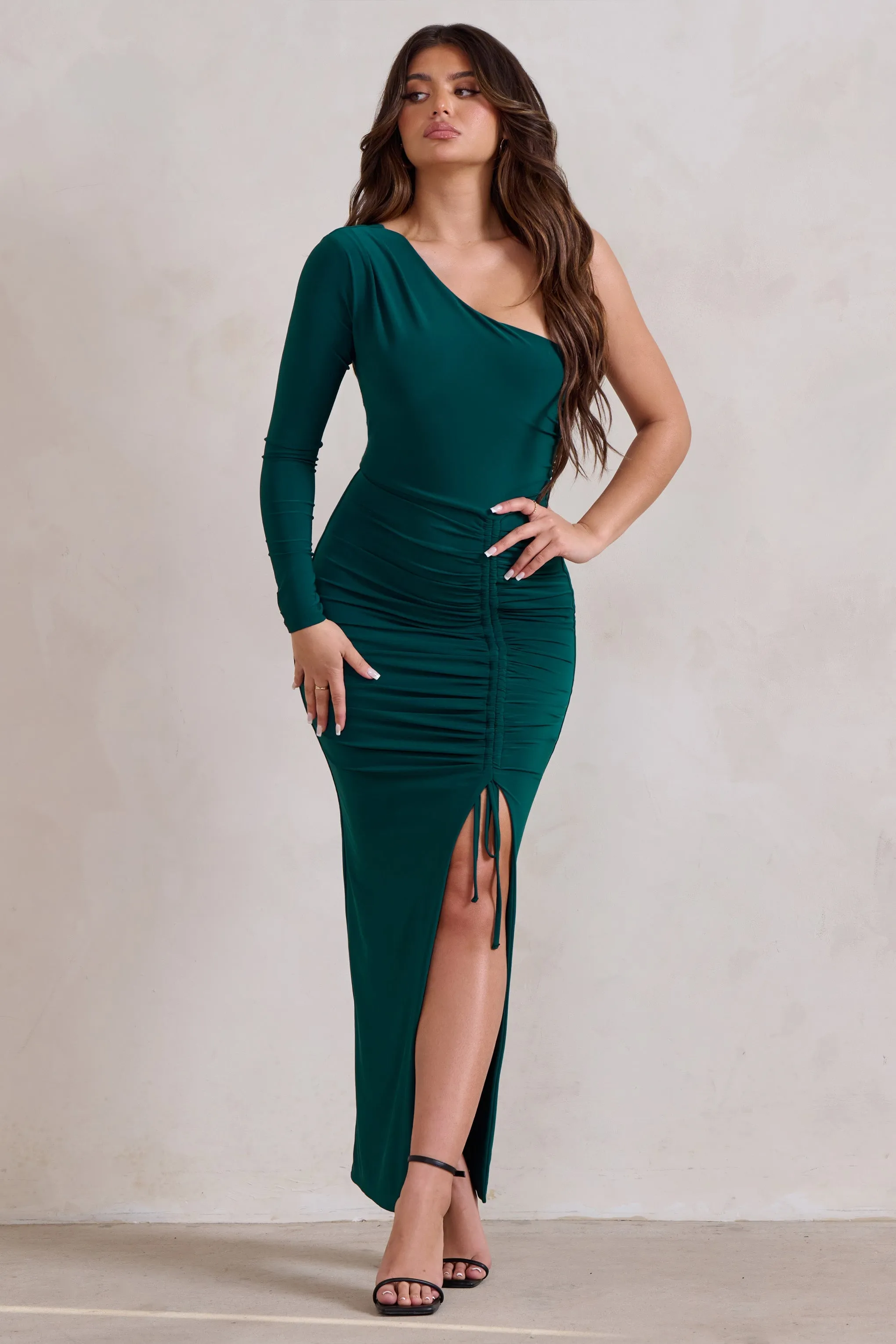 Mystical | Bottle Green One Shoulder Maxi Dress With Side Split sold by Club L London product image thumbnail 4