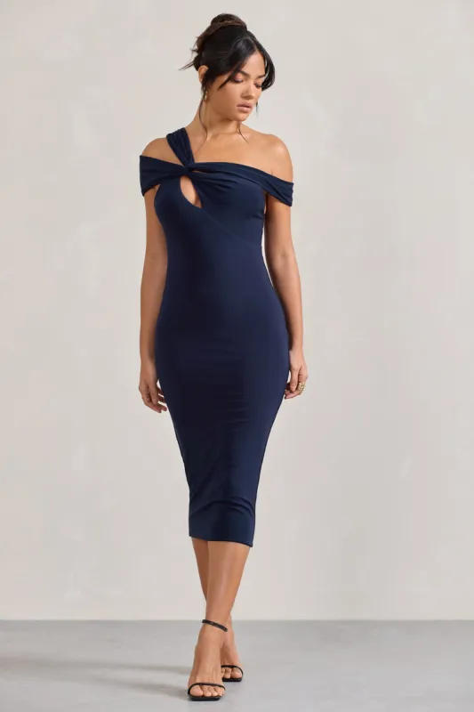 Chain Reaction | Navy Strappy Asymmetric Bodycon Midi Dress sold by Club L London
