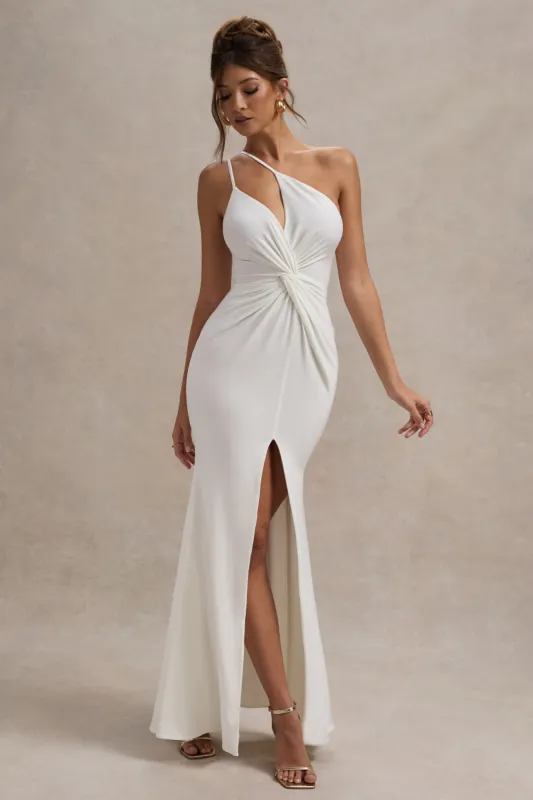 Neroli | White Strapless Asymmetric Twisted Maxi Dress sold by Club L London