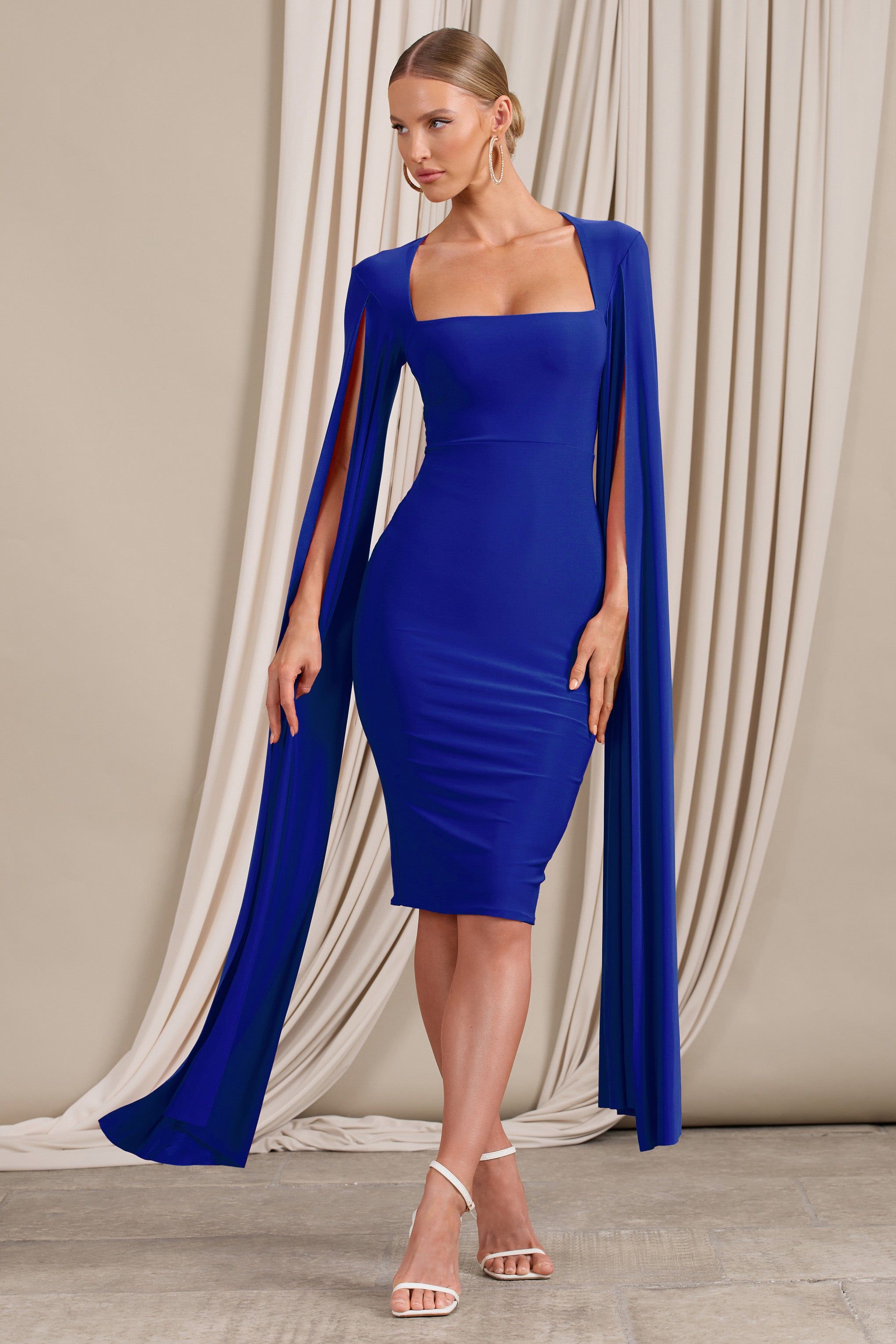 Flawless | Cobalt Blue Square Neck Midi Dress With Cape Sleeves sold by Club L London product image thumbnail 5