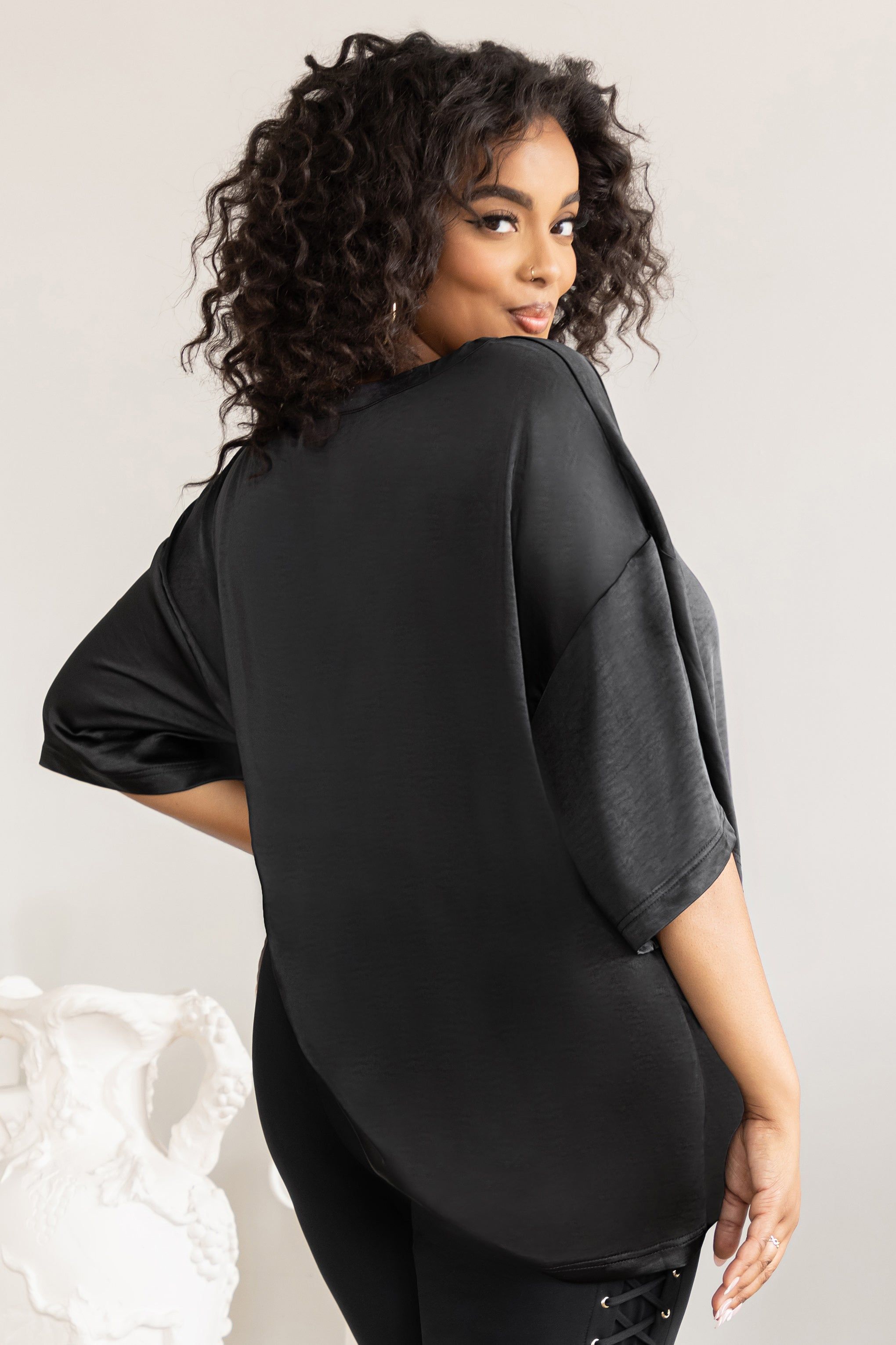 Day Dreaming | Plus Black Satin Relaxed Tee sold by Club L London product image thumbnail 2