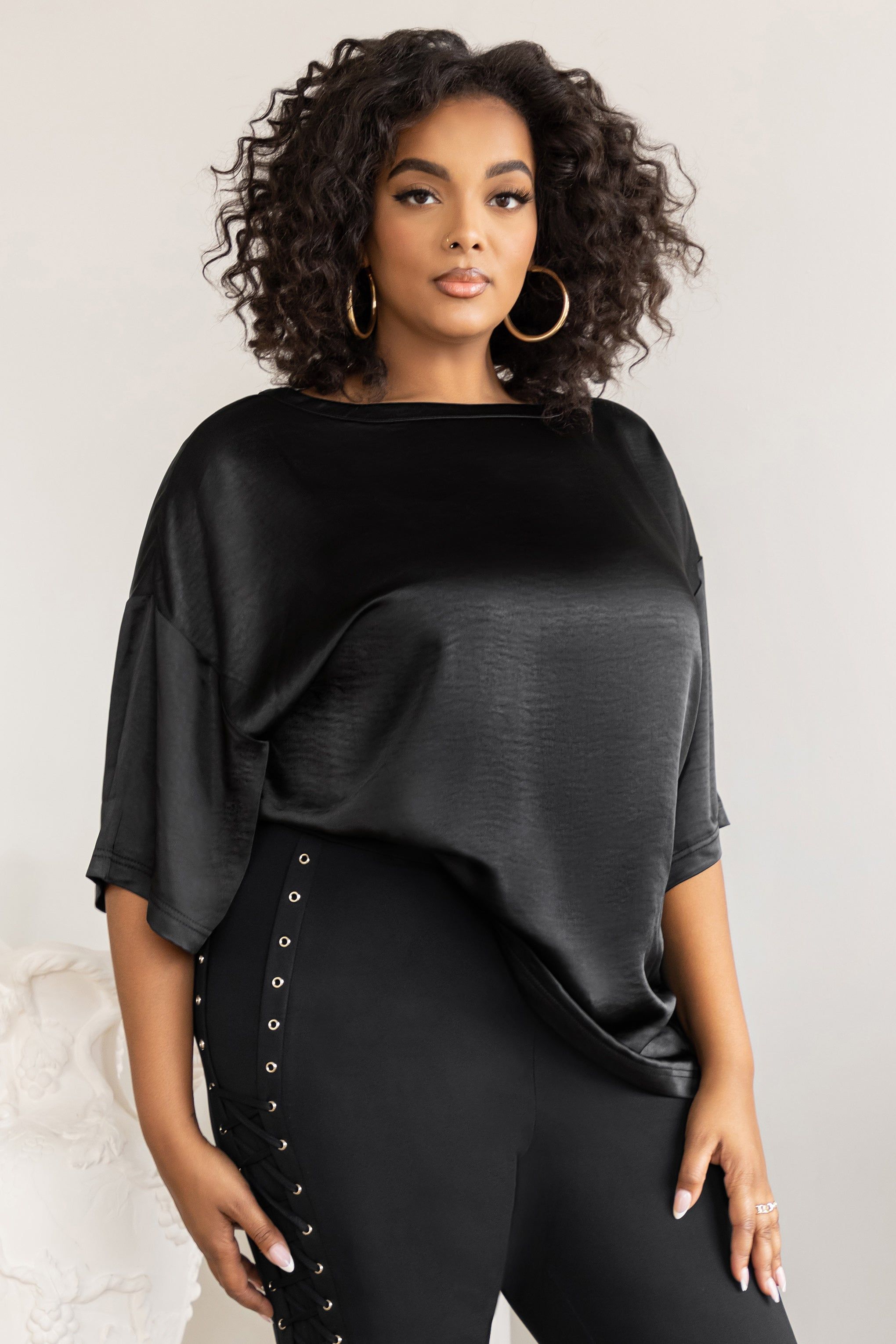 Day Dreaming | Plus Black Satin Relaxed Tee sold by Club L London product image thumbnail 3