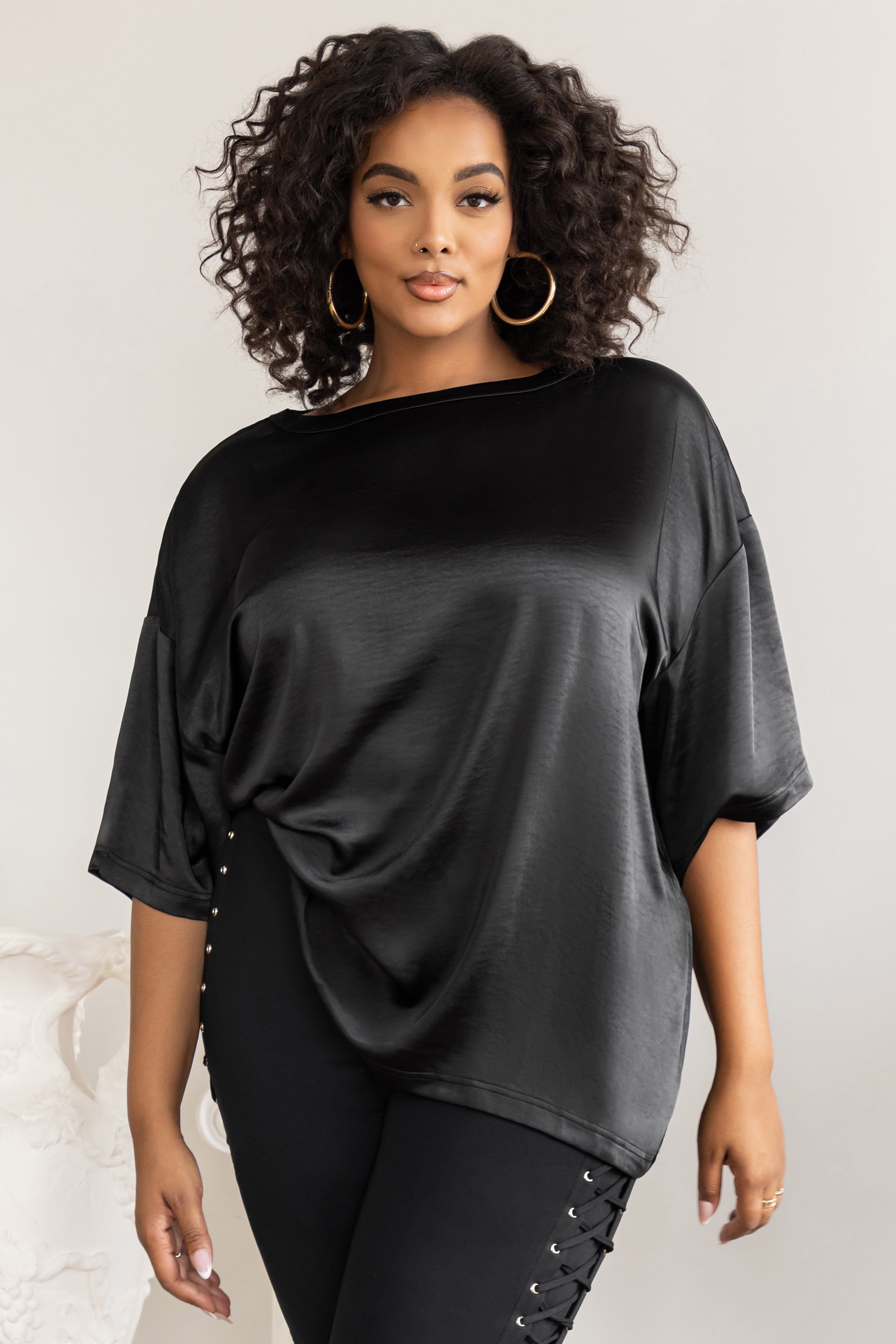 Day Dreaming | Plus Black Satin Relaxed Tee sold by Club L London