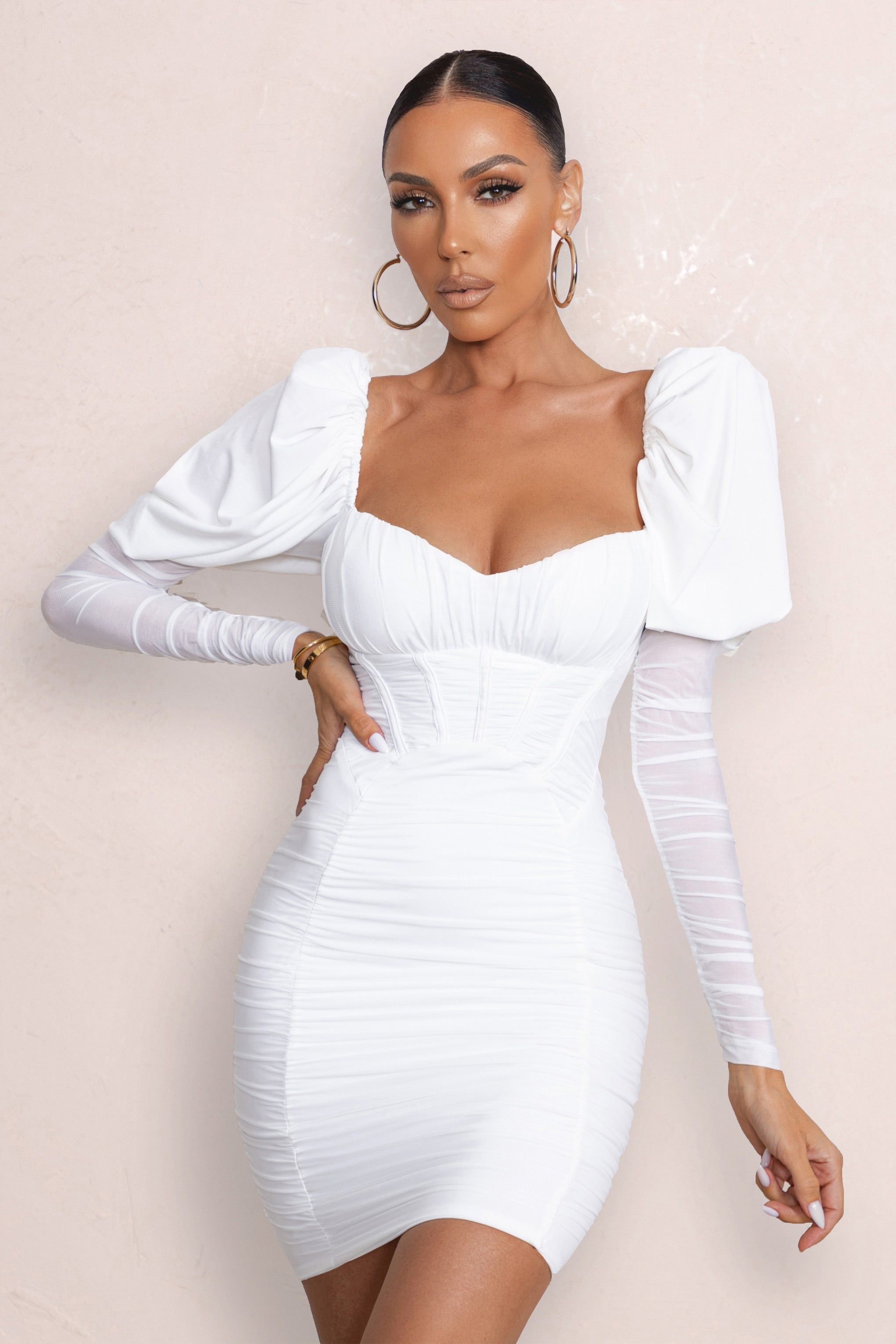 Reminiscent | White Puff Sleeved Ruched Mini Dress sold by Club L London