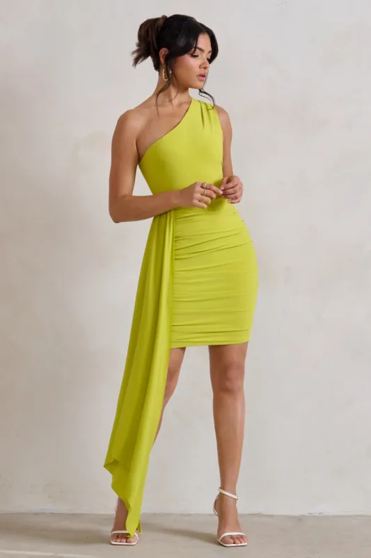 Charlie | Lime Green One Shoulder Ruched Mini Dress With Statement Drape sold by Club L London