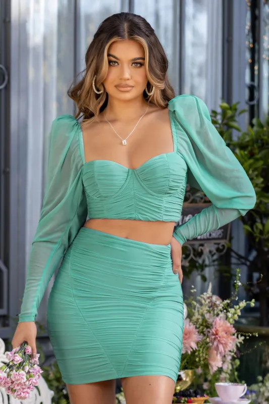 Butterfly | Duck Egg Puff Sleeve Ruched Crop Top sold by Club L London