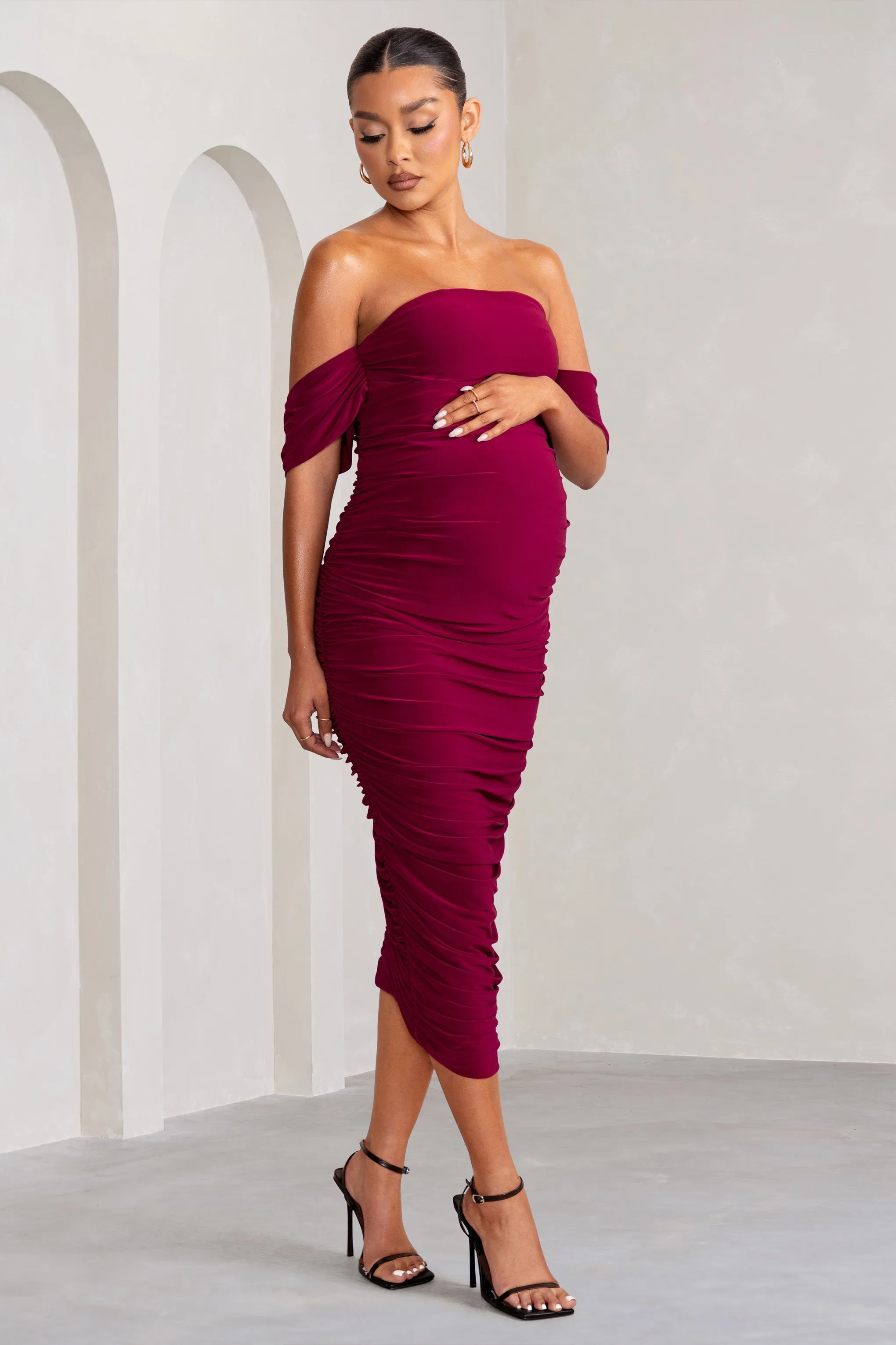 Plus One | Berry Maternity Ruched Bardot Midi Dress sold by Club L London product image thumbnail 5