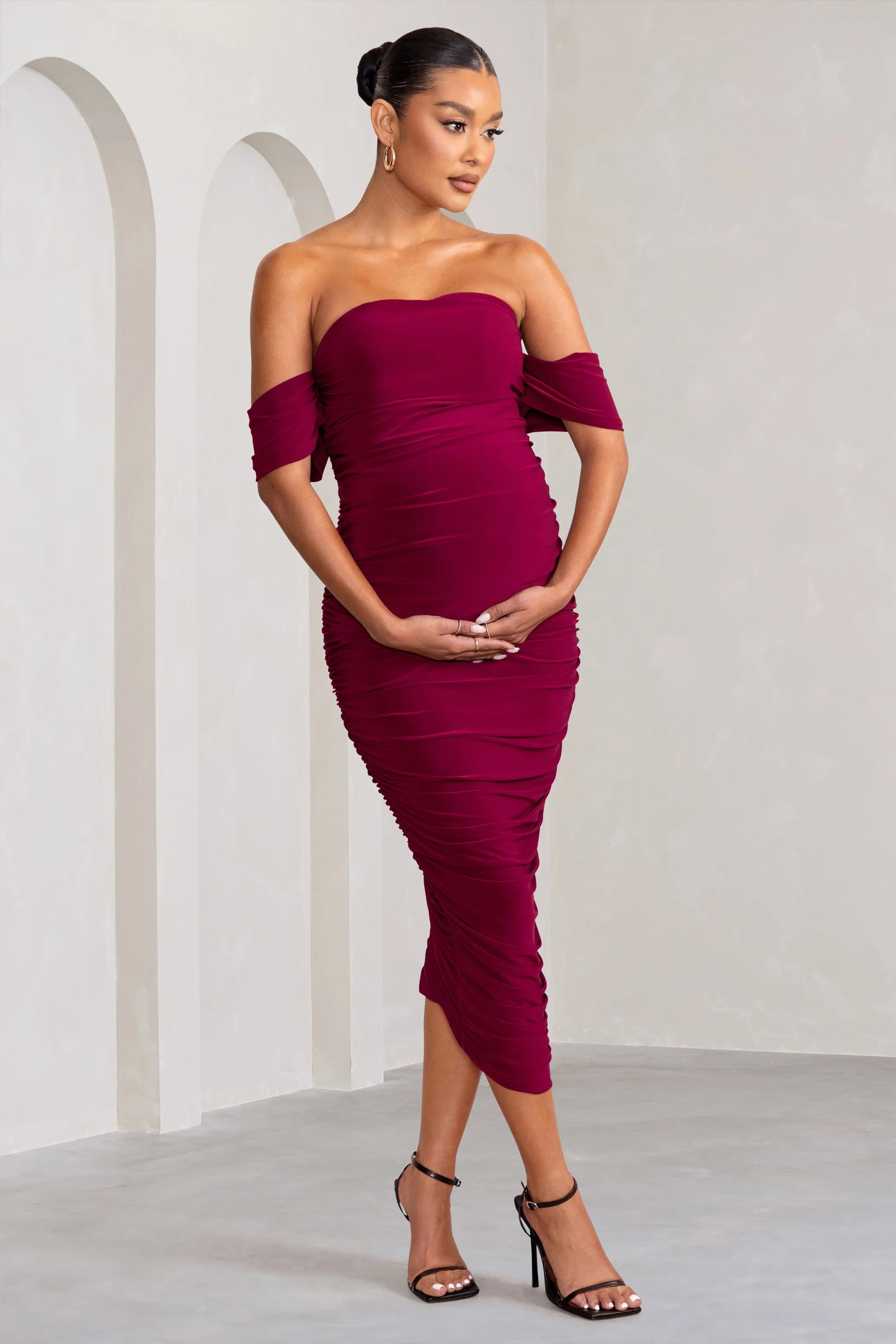 Plus One | Berry Maternity Ruched Bardot Midi Dress sold by Club L London