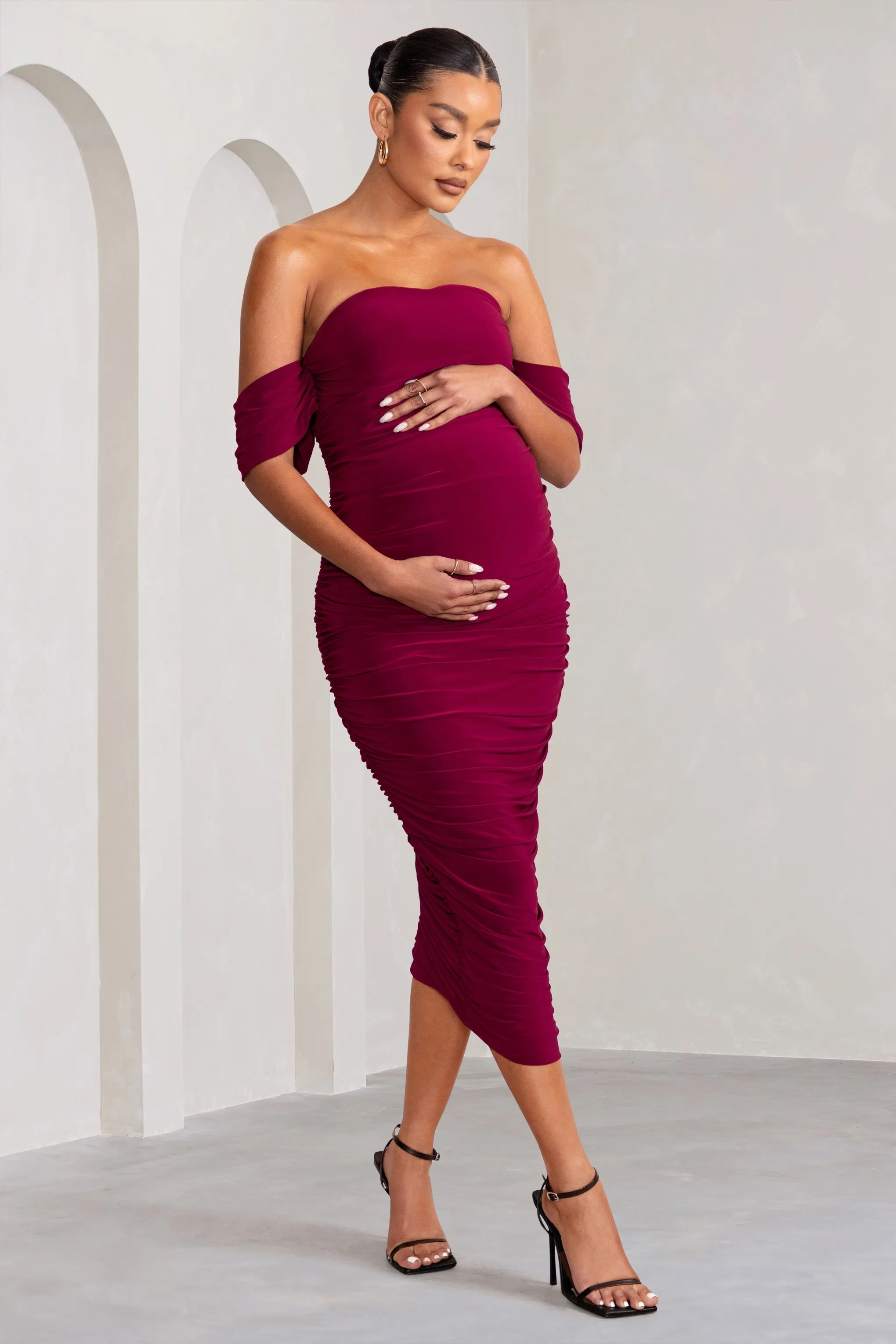 Plus One | Berry Maternity Ruched Bardot Midi Dress sold by Club L London product image thumbnail 4