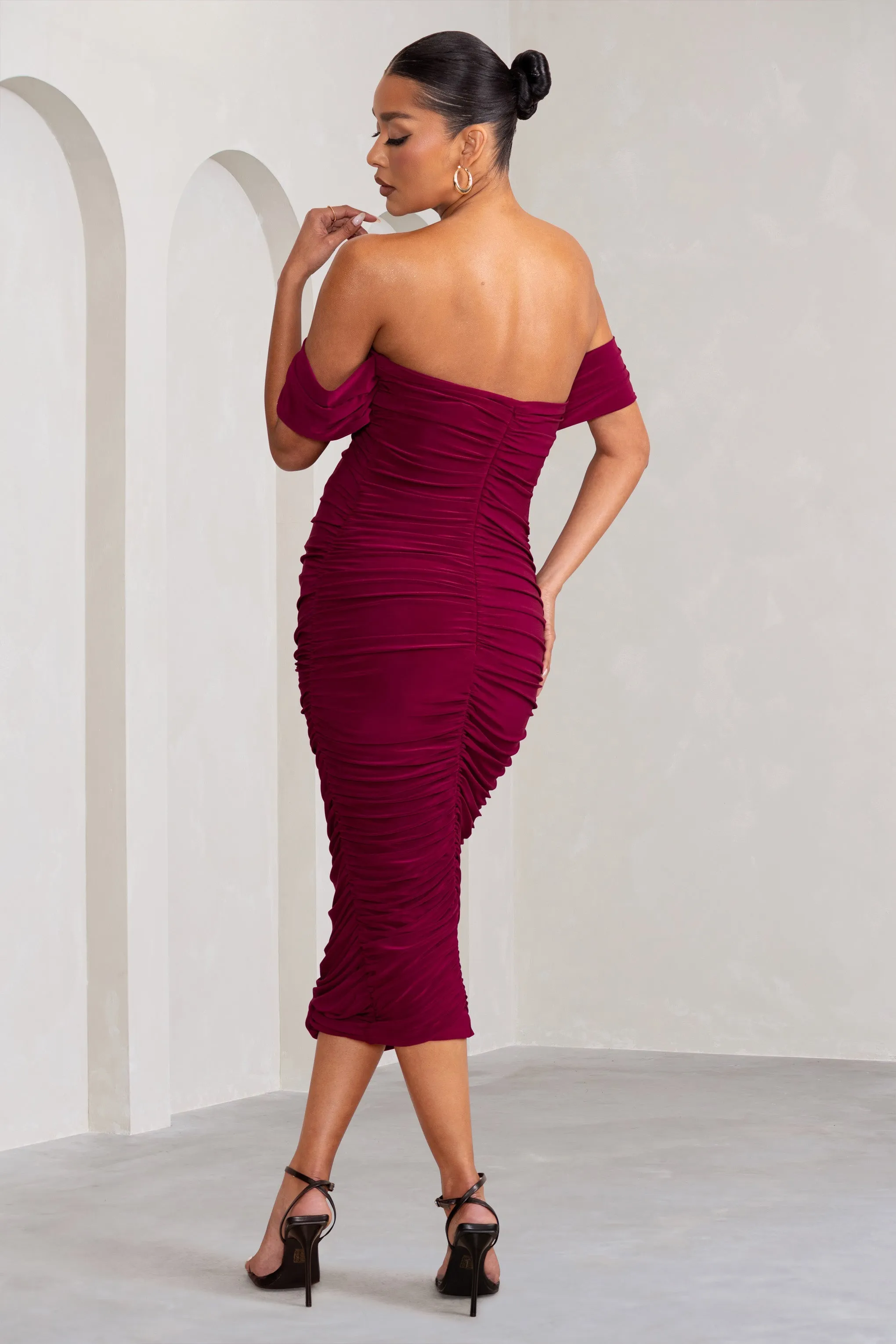 Plus One | Berry Maternity Ruched Bardot Midi Dress sold by Club L London product image thumbnail 2