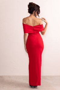 Eva | Red Bardot Bow Detail Maxi Dress With Thigh Split sold by Club L London