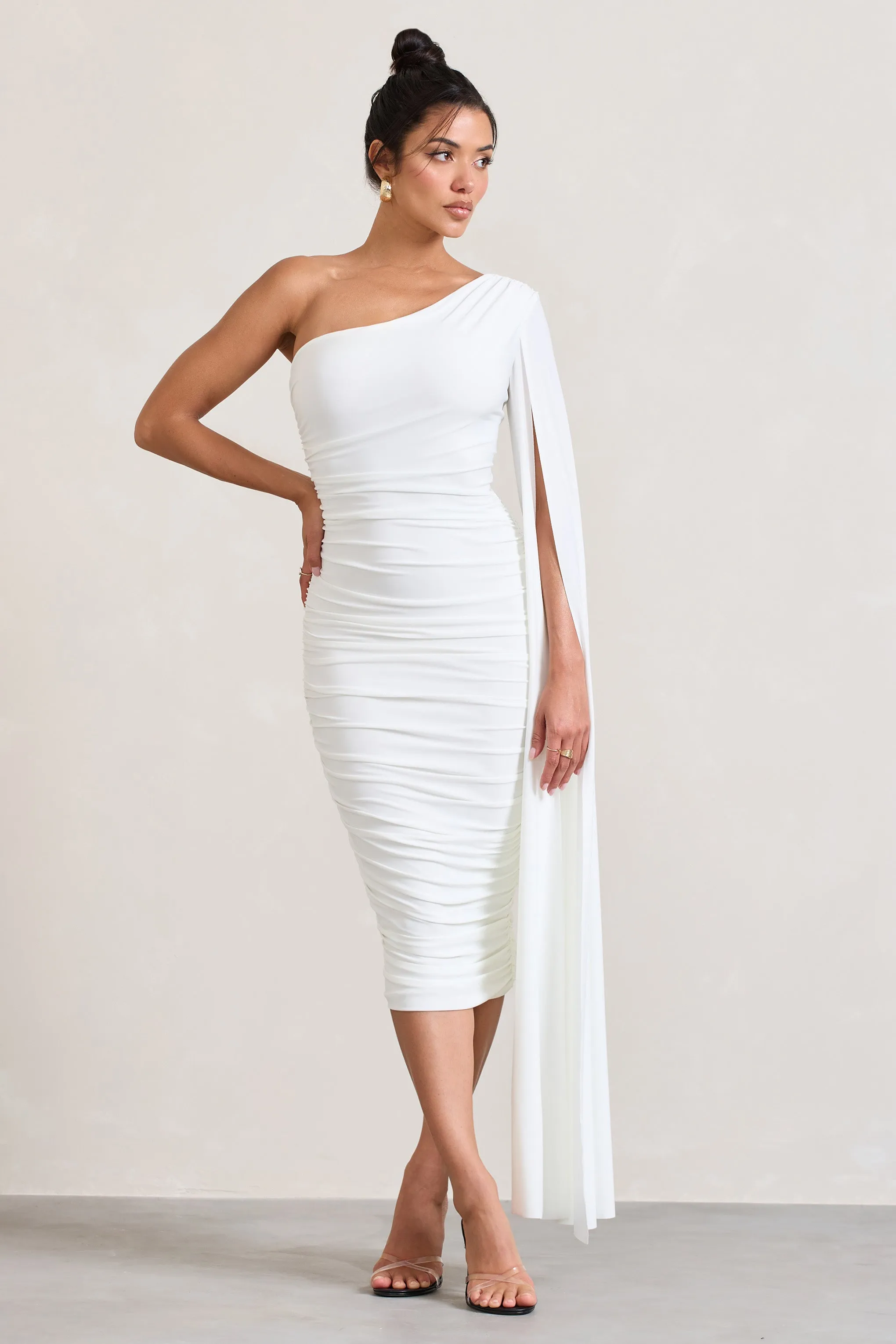 Yara | White One Shoulder Cape Ruched Midi Dress sold by Club L London product image thumbnail 4